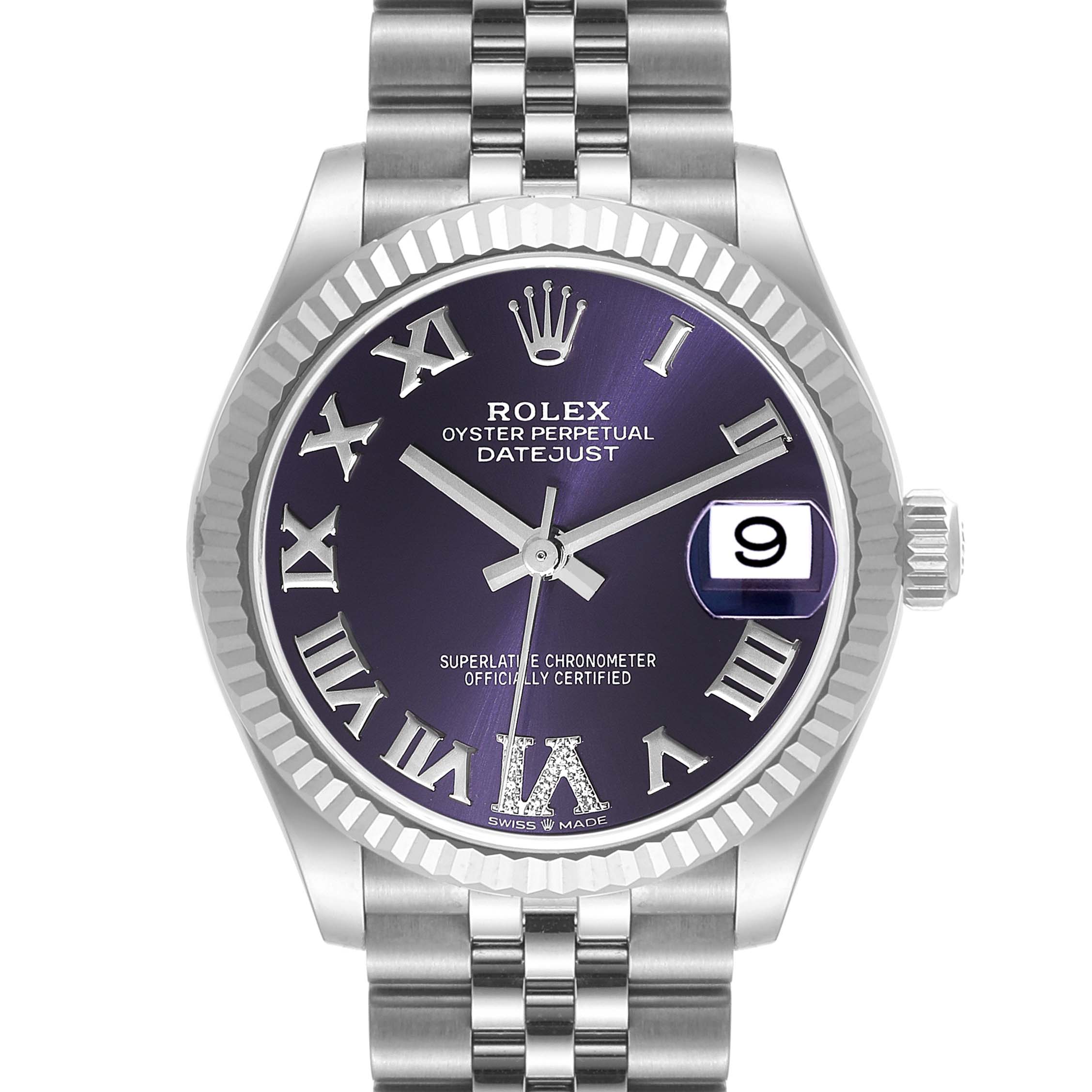 The image shows a front view of a Mid-Size Rolex Oyster Perpetual Datejust watch, highlighting the dial, bezel, and Jubilee bracelet.