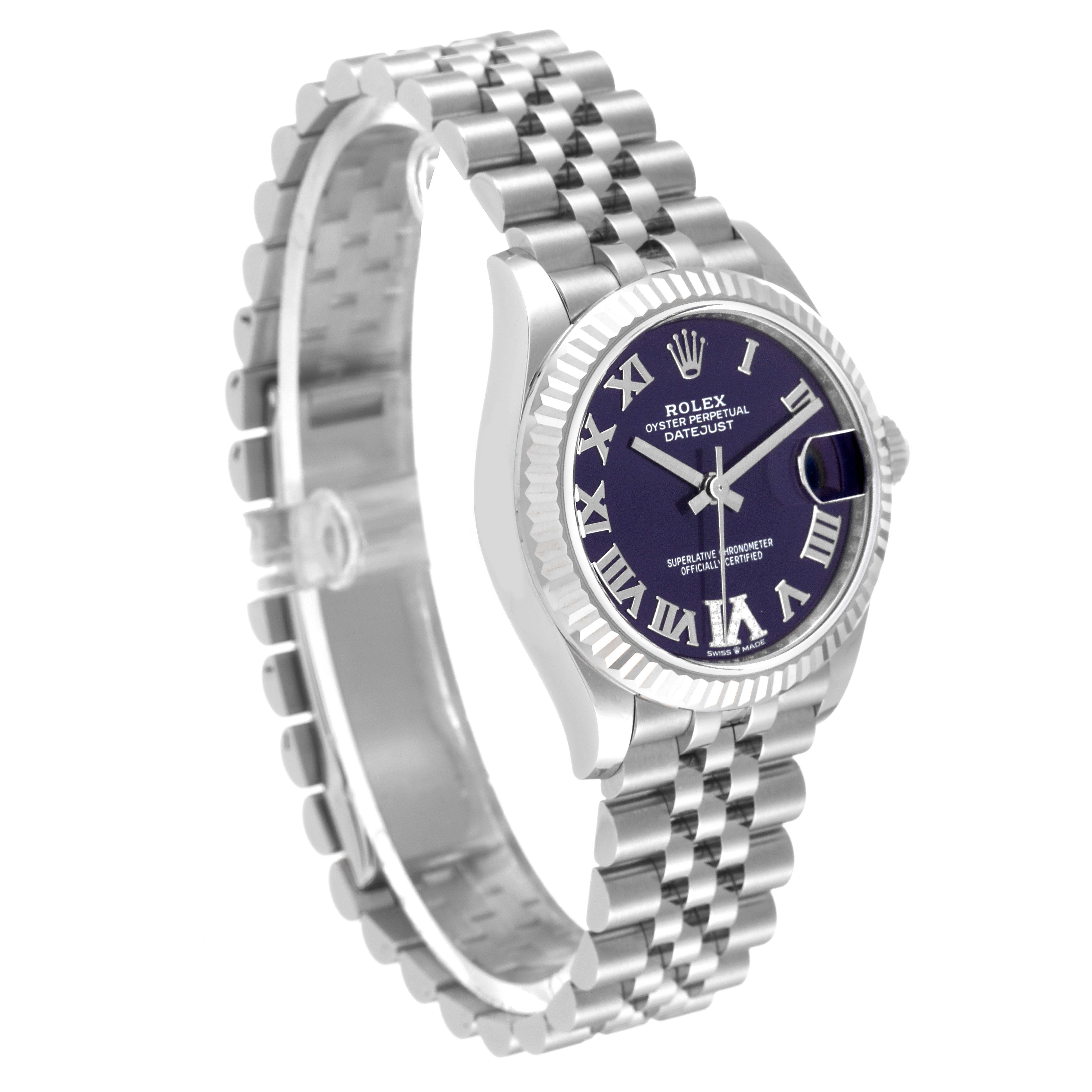 The image shows a Rolex Mid-Size 278274 Women's Stainless Steel Blue Dial 278274 Women's Stainless Steel Blue Dial Datejust watch from a front angle, highlighting the face, bezel, and bracelet.