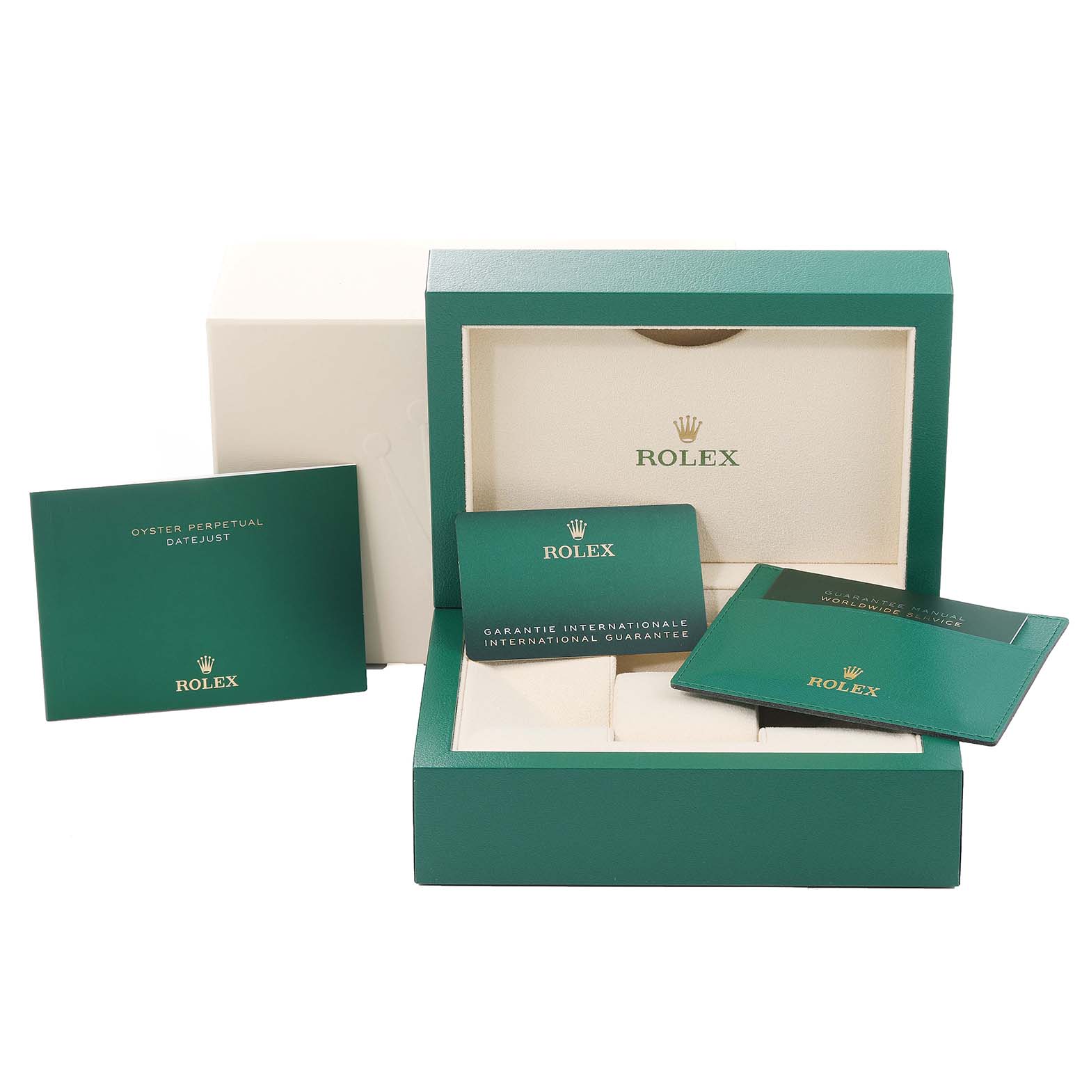 The image shows the open packaging, warranty card, and booklet accessories for a Rolex Mid-Size 278274 Women's Stainless Steel Blue Dial 278274 Women's Stainless Steel Blue Dial model watch.