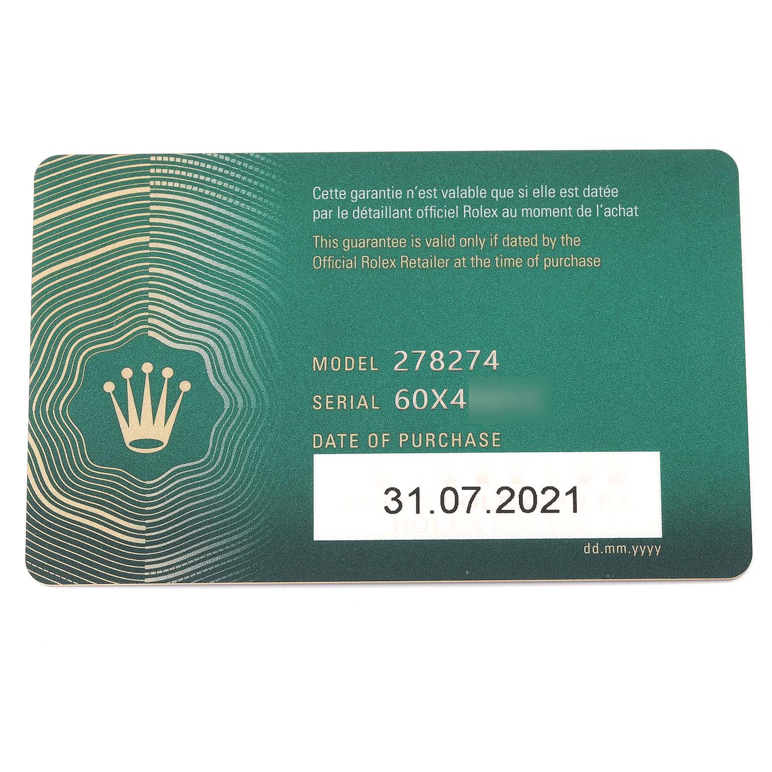 This image shows a warranty card for a Rolex Mid-Size 278274 Women's Stainless Steel Blue Dial 278274 Women's Stainless Steel Blue Dial model 278274 watch.