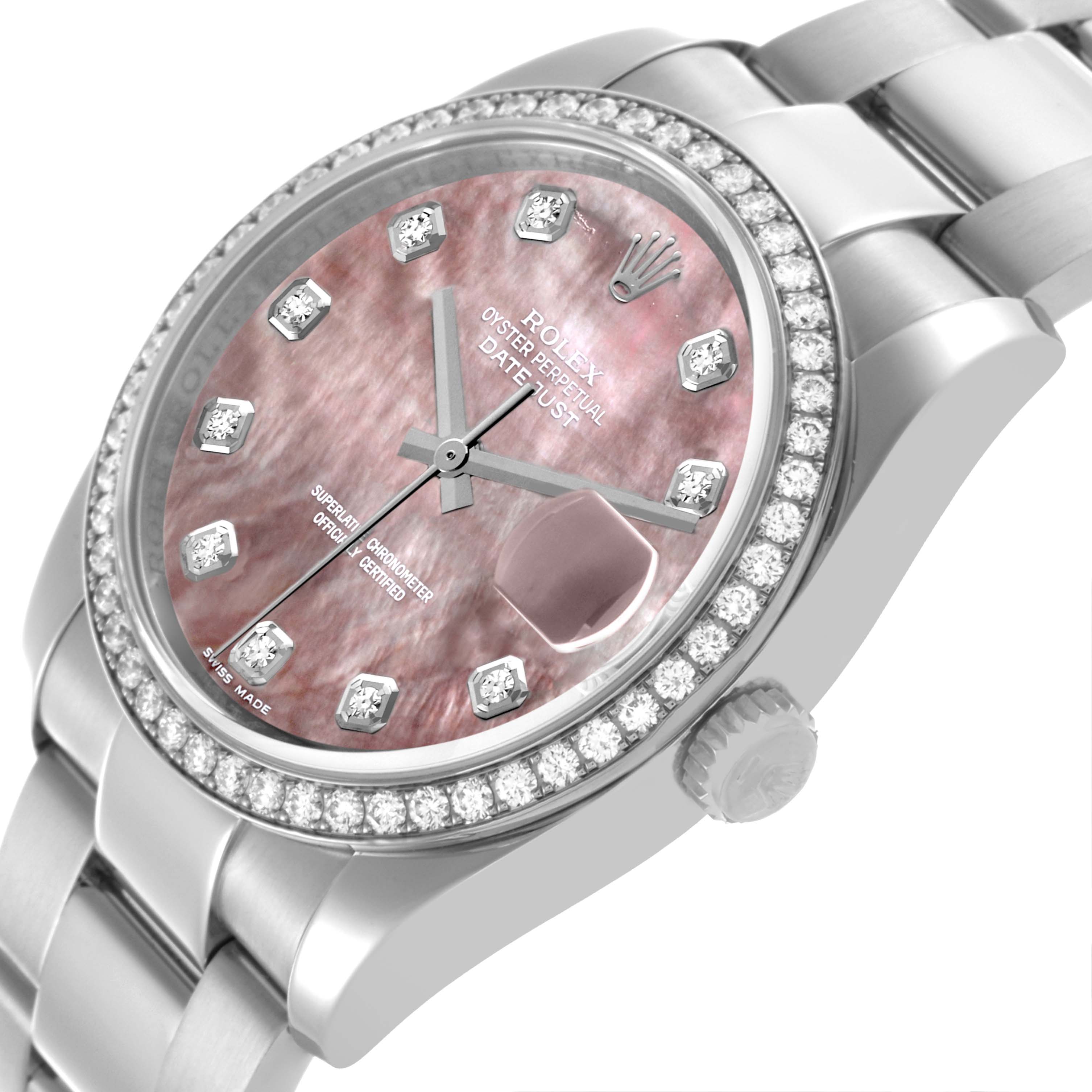 The Rolex Datejust 116244 Men's Stainless Steel Mother of Pearl Dial 116244 Men's Stainless Steel Mother of Pearl Dial watch is shown at an angled close-up, highlighting its pink dial, diamond bezel, and bracelet.
