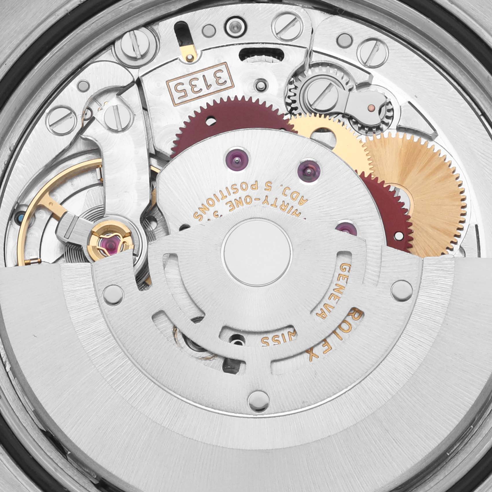 The image shows the internal movement of a Rolex Datejust 116244 Men's Stainless Steel Mother of Pearl Dial 116244 Men's Stainless Steel Mother of Pearl Dial, highlighting gears and the rotor from an overhead angle.