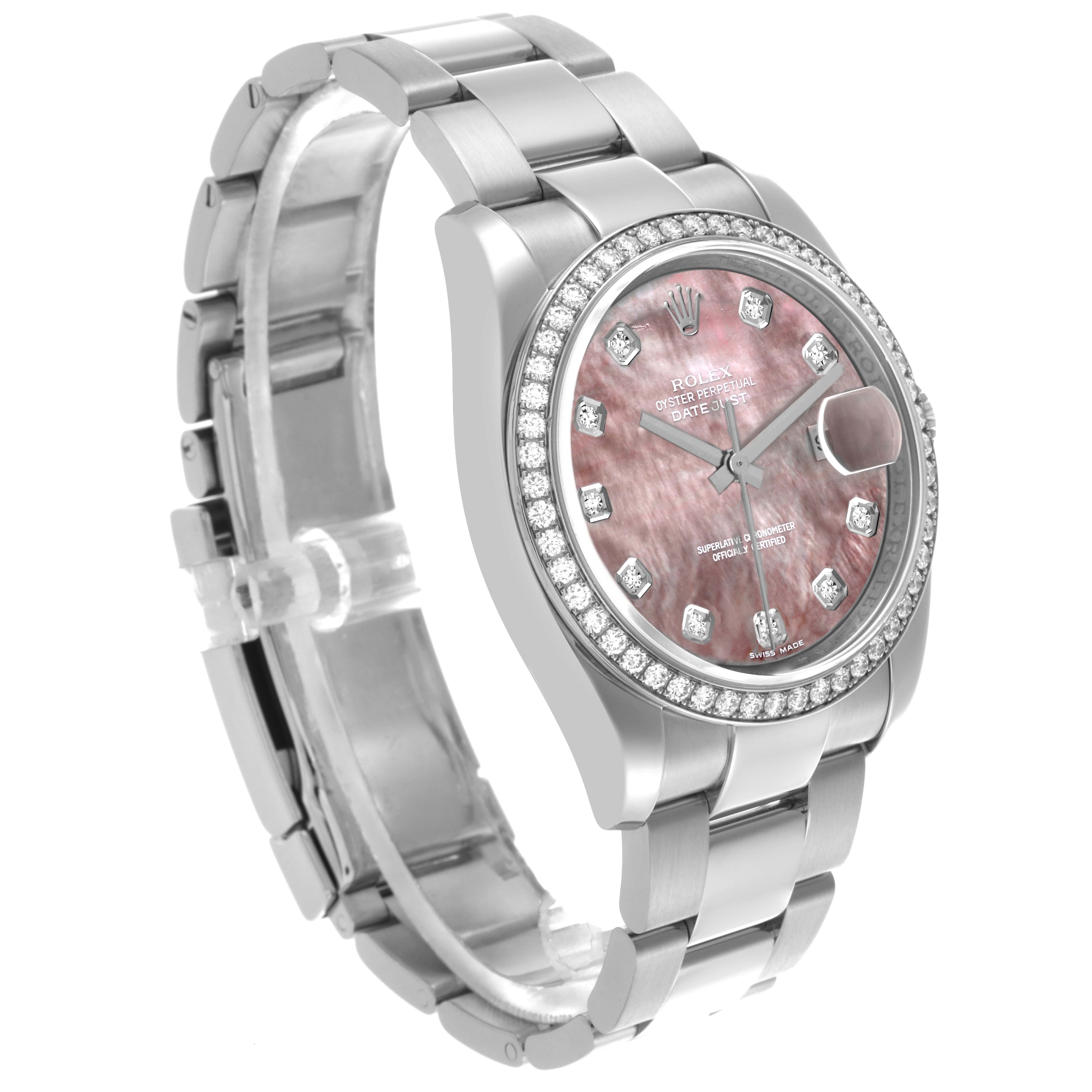 The image shows a Rolex Datejust 116244 Men's Stainless Steel Mother of Pearl Dial 116244 Men's Stainless Steel Mother of Pearl Dial watch at a three-quarter angle, displaying the pink dial, diamond bezel, and metal bracelet.
