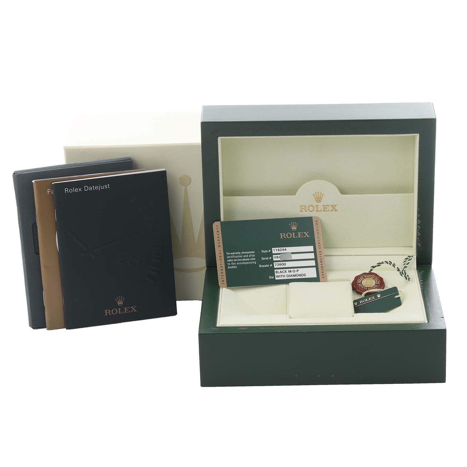 The image shows a Rolex Datejust 116244 Men's Stainless Steel Mother of Pearl Dial 116244 Men's Stainless Steel Mother of Pearl Dial box, warranty cards, booklets, and a tag, viewed from the front.