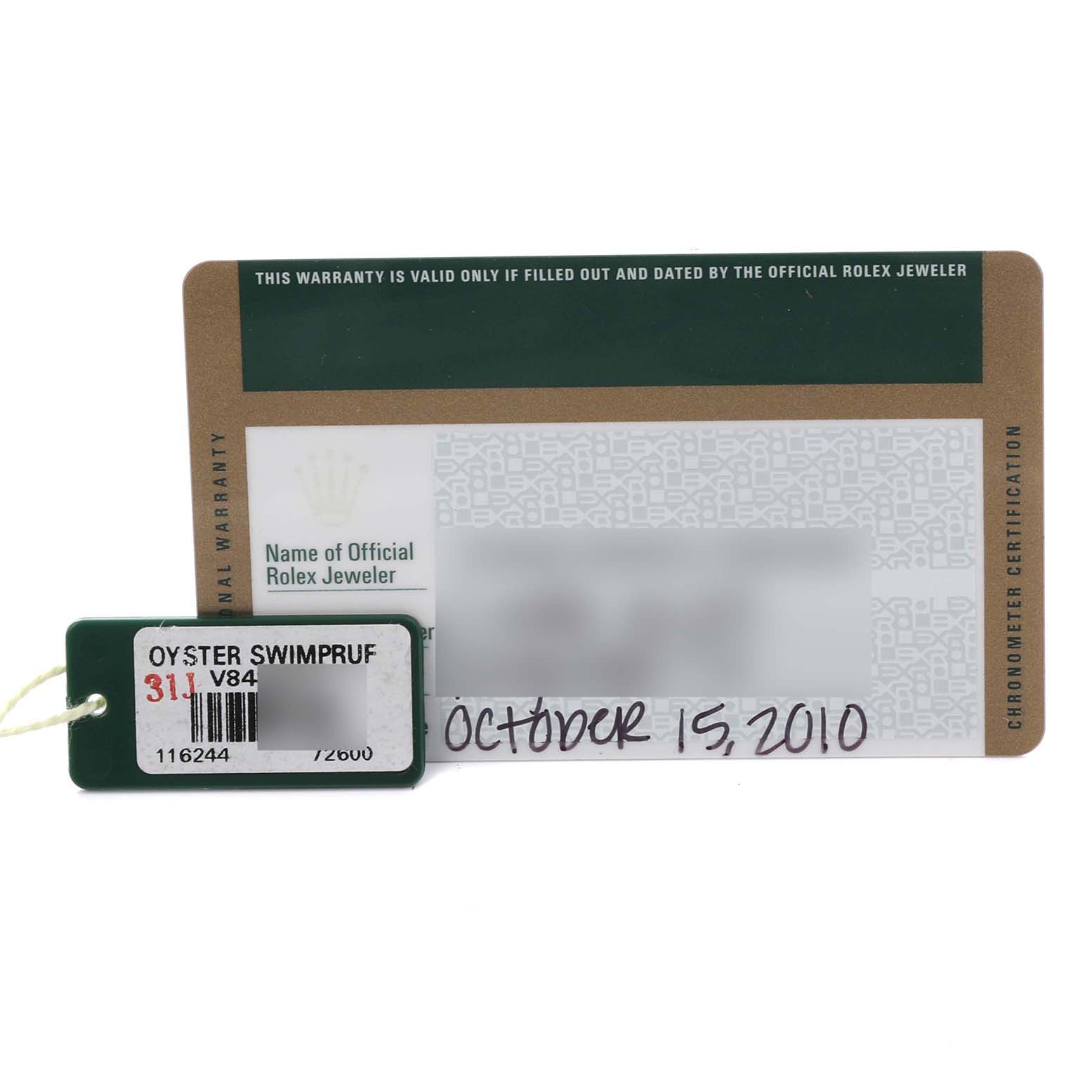 The image shows a warranty card and a tag for a Rolex Datejust 116244 Men's Stainless Steel Mother of Pearl Dial 116244 Men's Stainless Steel Mother of Pearl Dial watch viewed from the front.