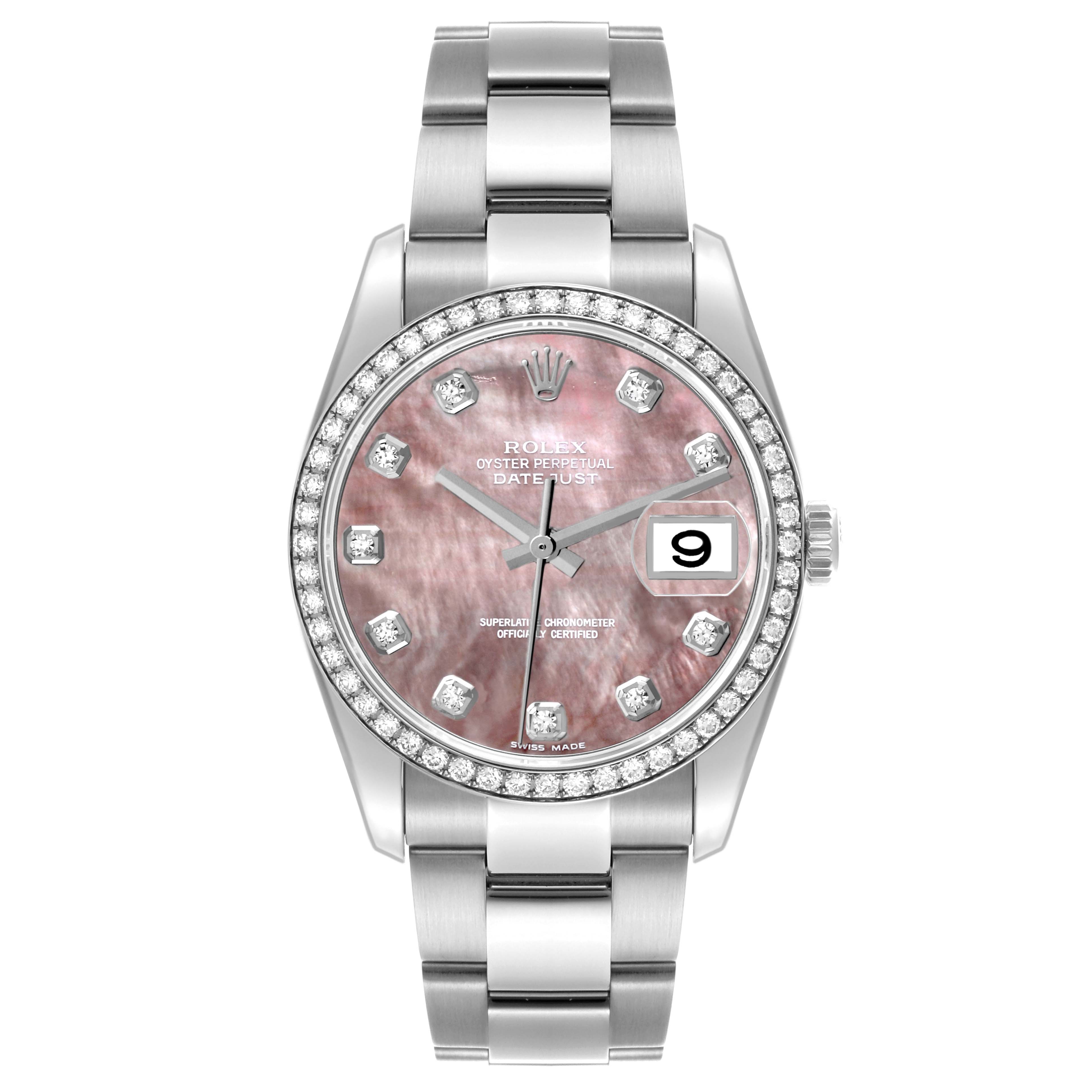 The Rolex Datejust 116244 Men's Stainless Steel Mother of Pearl Dial 116244 Men's Stainless Steel Mother of Pearl Dial watch is shown from a front angle, displaying the dial, bezel, and bracelet.