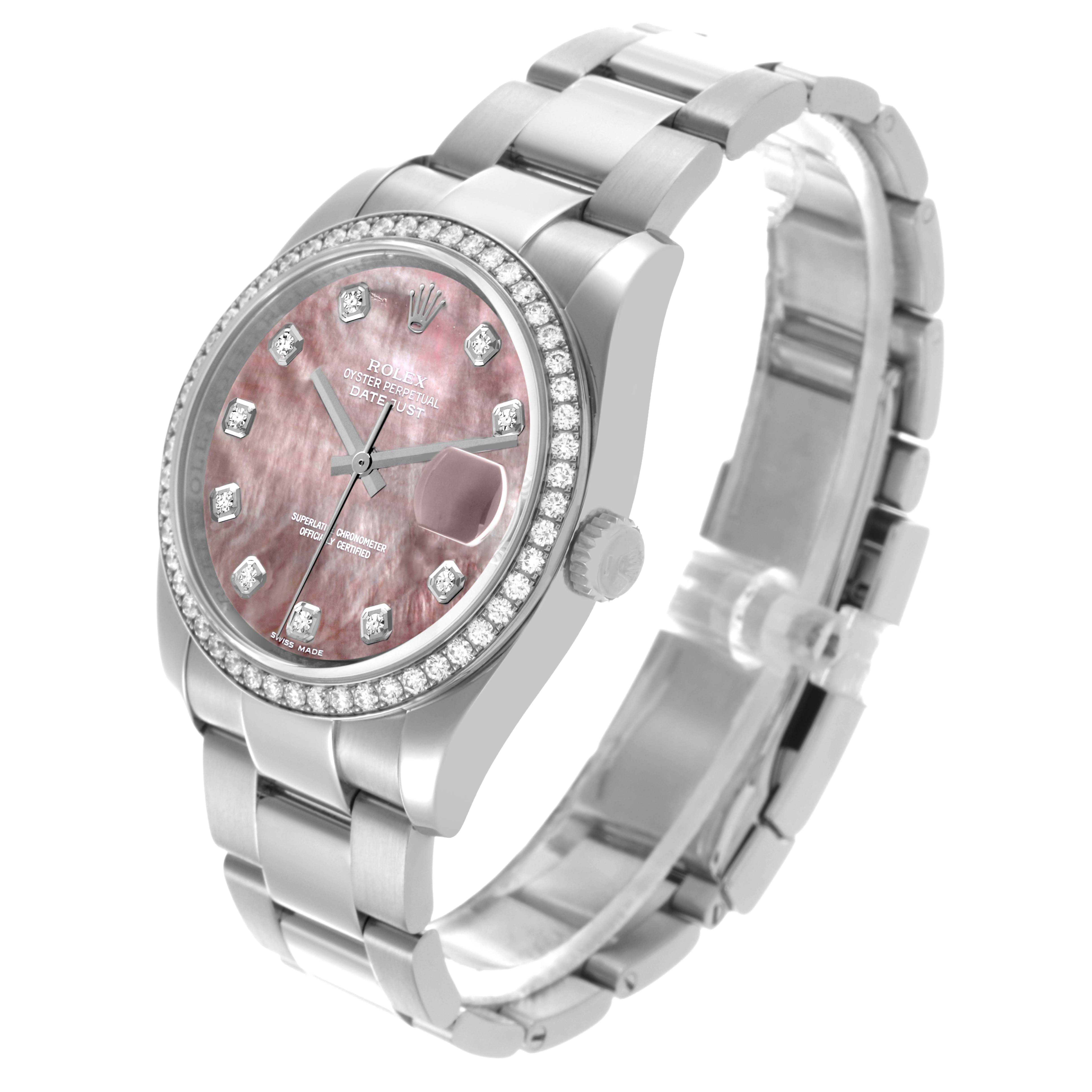 The Rolex Datejust 116244 Men's Stainless Steel Mother of Pearl Dial 116244 Men's Stainless Steel Mother of Pearl Dial watch is shown at a three-quarter angle, highlighting the dial, bezel, crown, and bracelet.