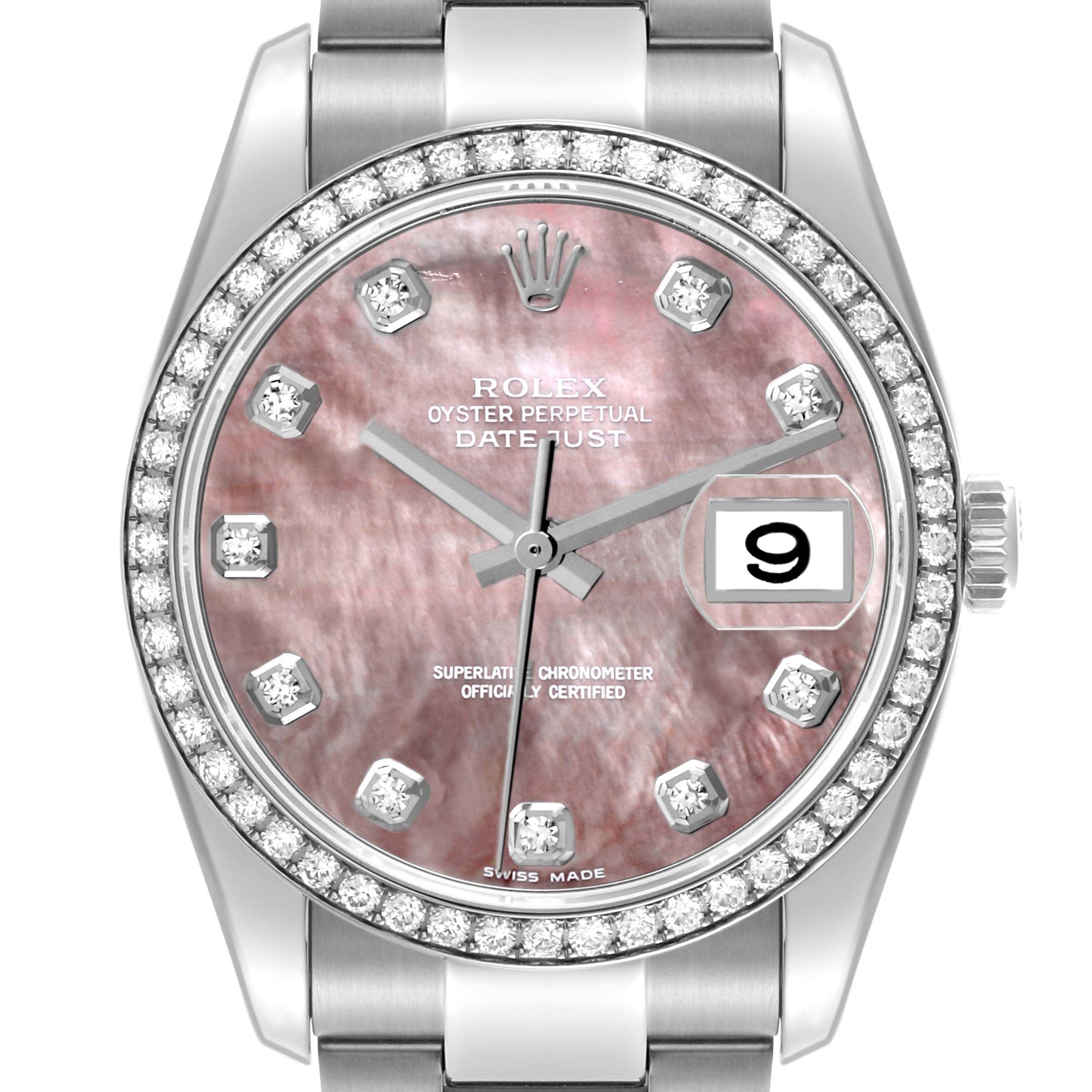 The Rolex Datejust 116244 Men's Stainless Steel Mother of Pearl Dial 116244 Men's Stainless Steel Mother of Pearl Dial watch is shown from the front, highlighting the dial, bezel, and bracelet.