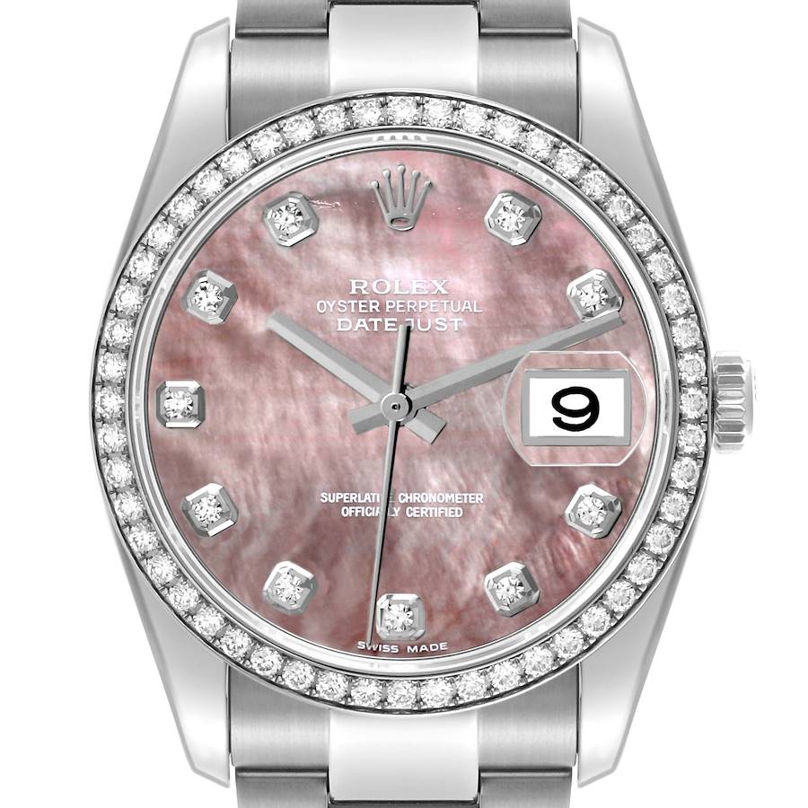 The Rolex Datejust watch is shown from the front, highlighting the dial, bezel, and bracelet.