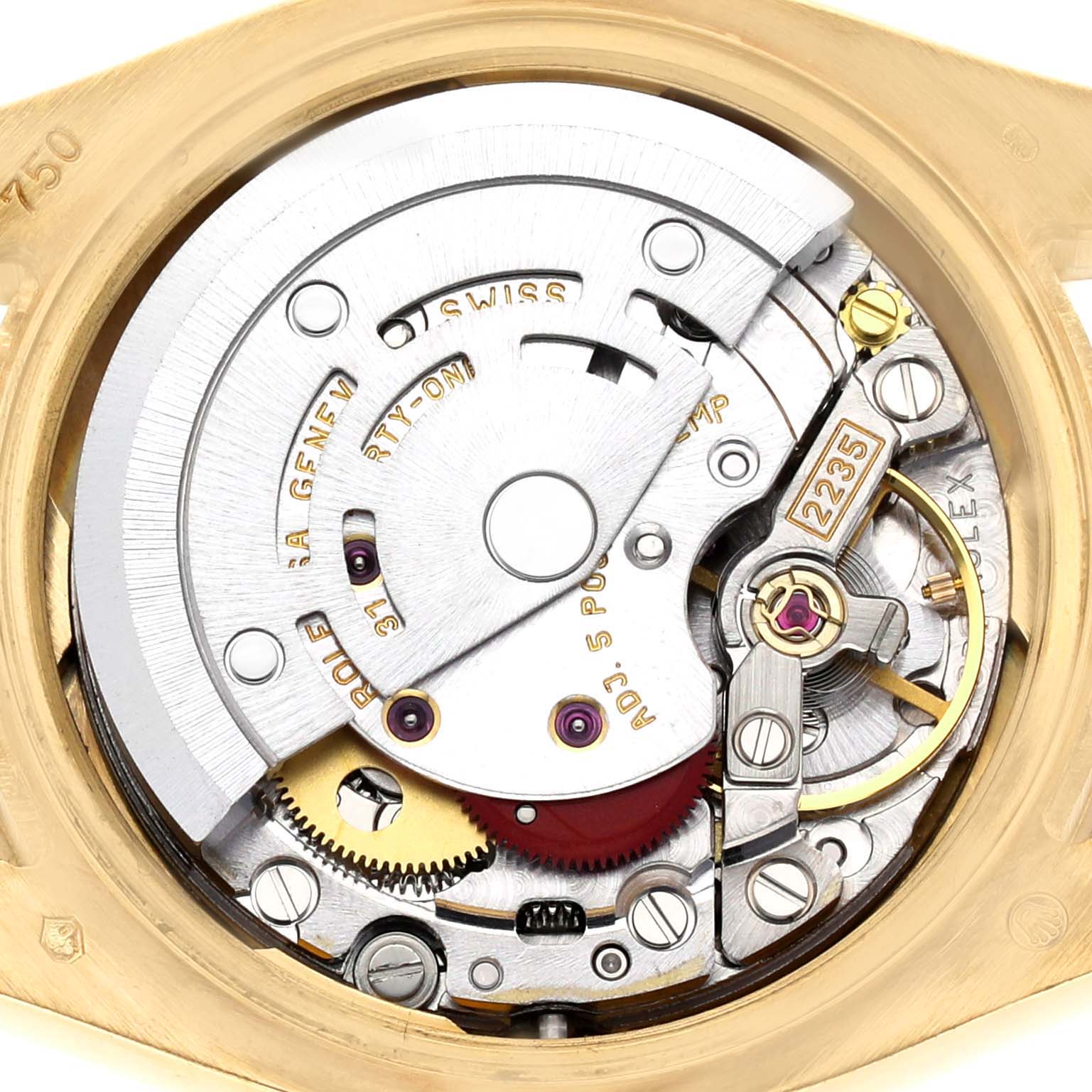 The image shows the internal movement mechanism of the Rolex President 179138 Women's Yellow Gold Champagne Dial watch model from a top-down angle.