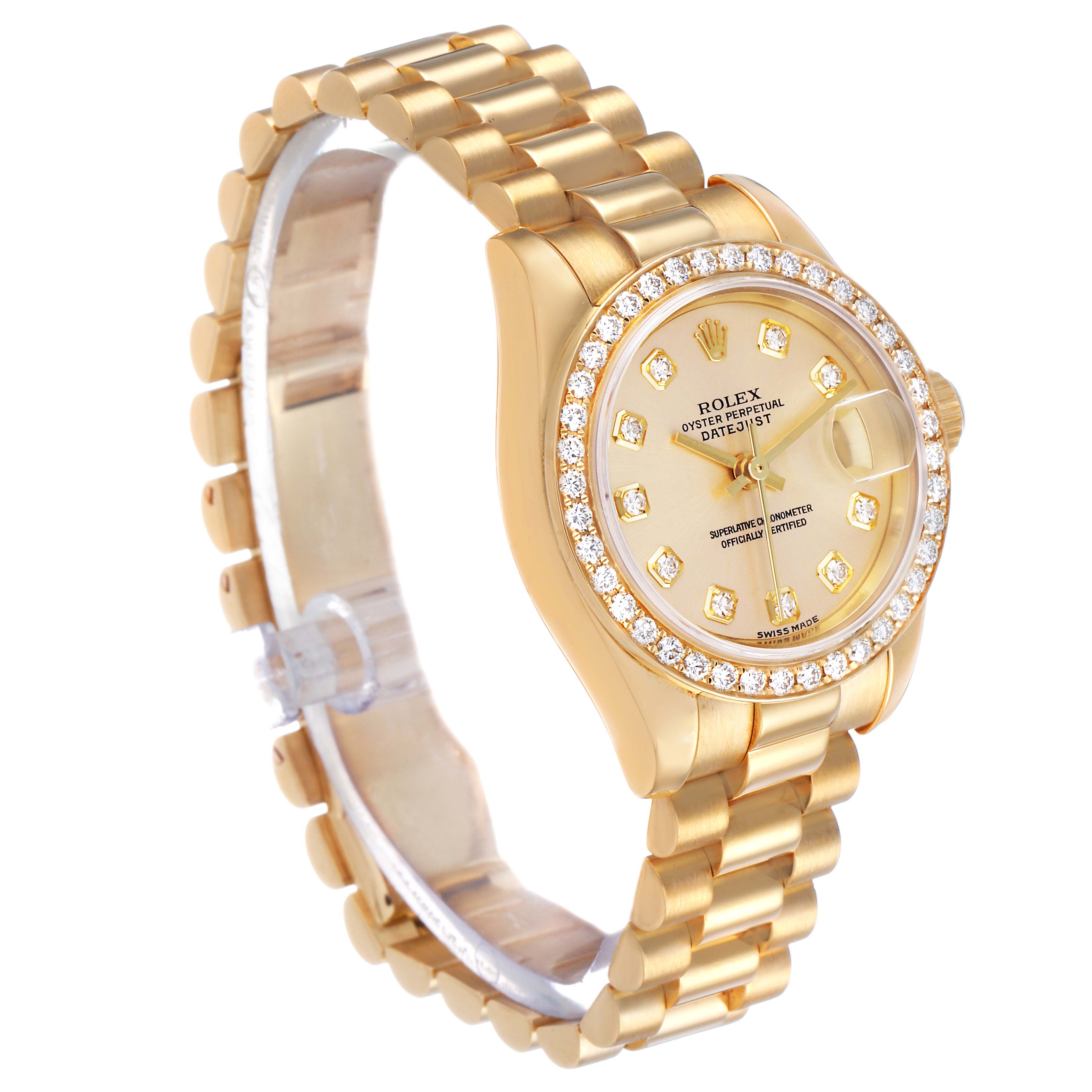The Rolex President 179138 Women's Yellow Gold Champagne Dial model watch is shown at an angled side view, highlighting the dial, bezel, and bracelet.