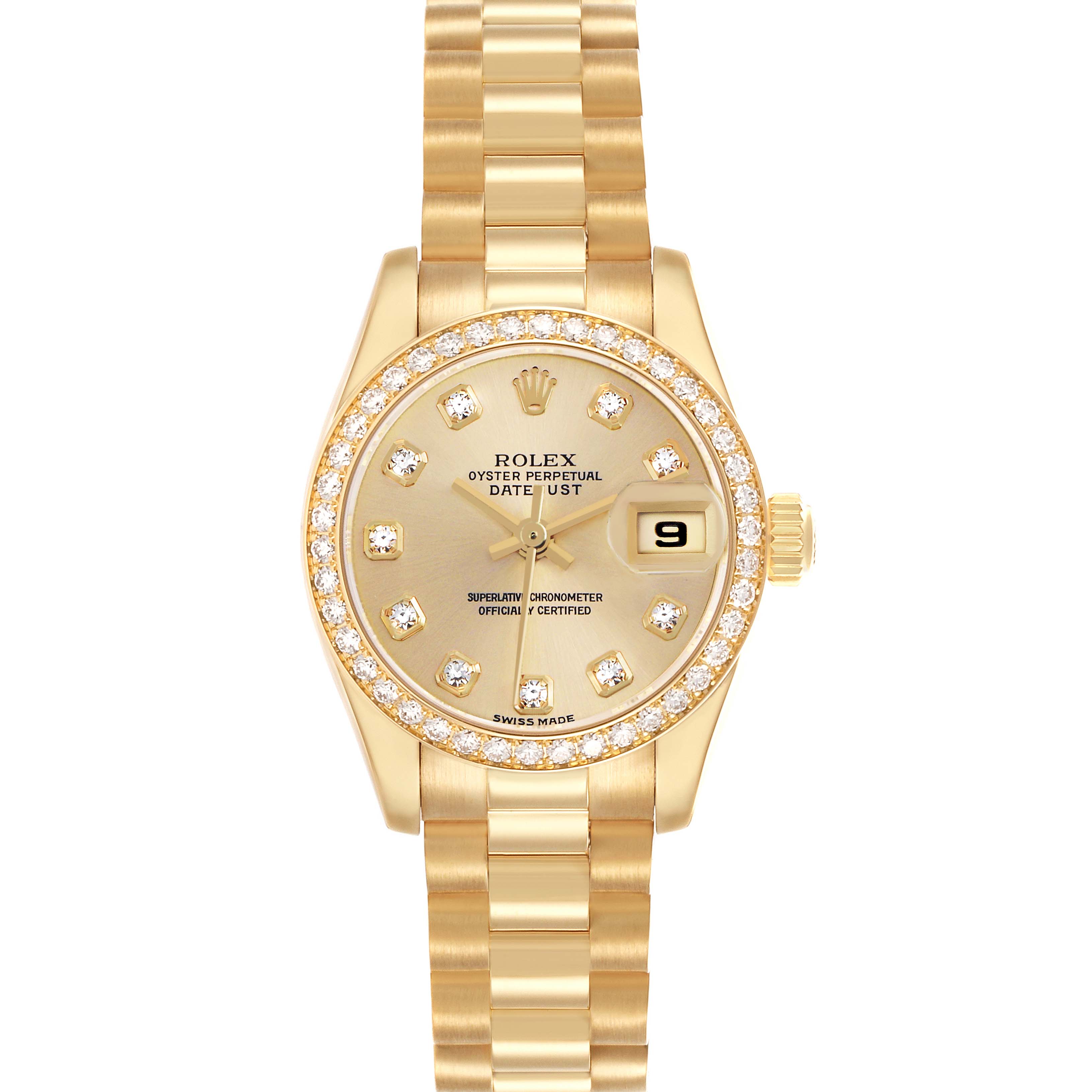 The Rolex President 179138 Women's Yellow Gold Champagne Dial model watch is shown from a top view, highlighting its gold bracelet, diamond bezel, and date display.