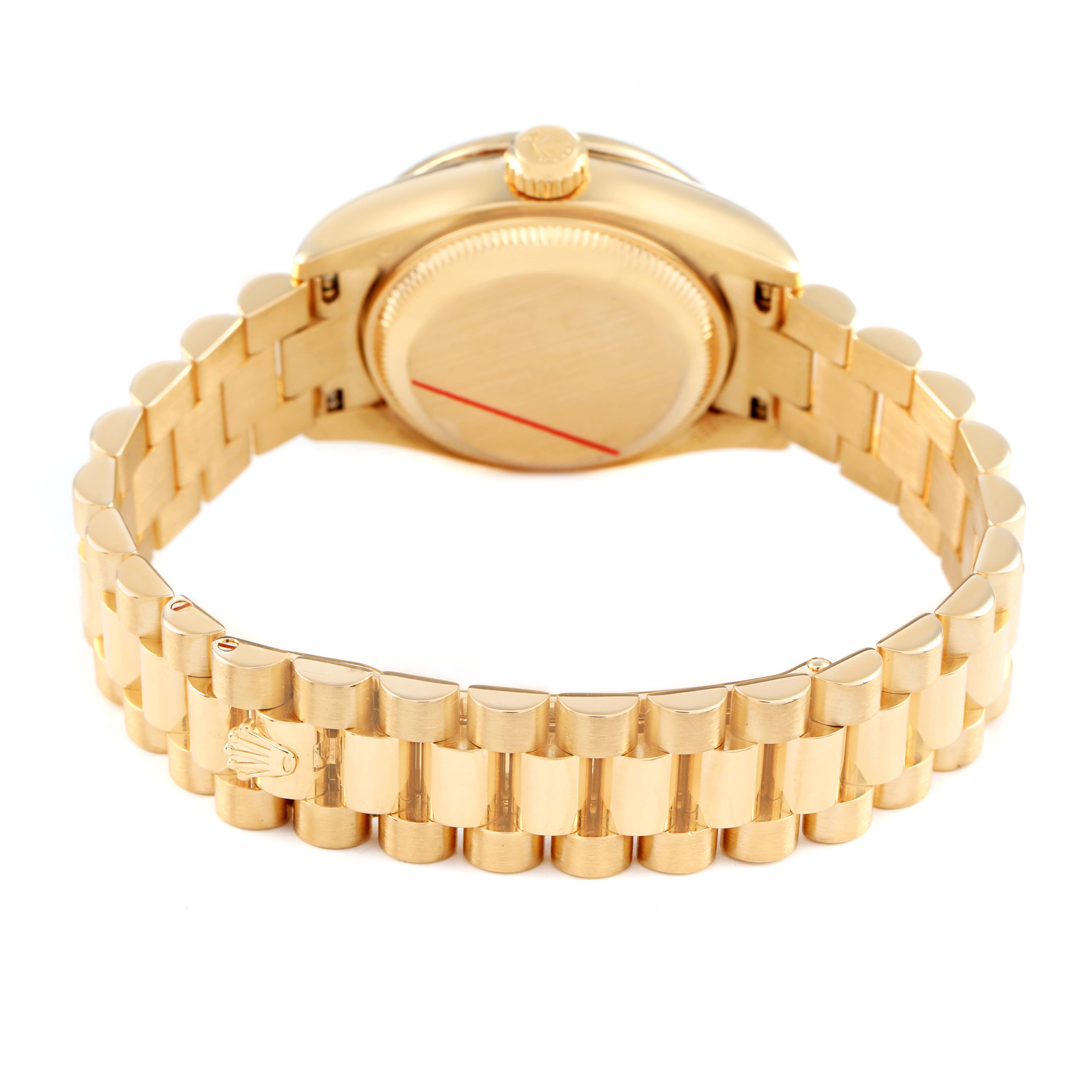 The image shows the back and bracelet of a Rolex President 179138 Women's Yellow Gold Champagne Dial model watch, highlighting its clasp and crown side from the rear angle.