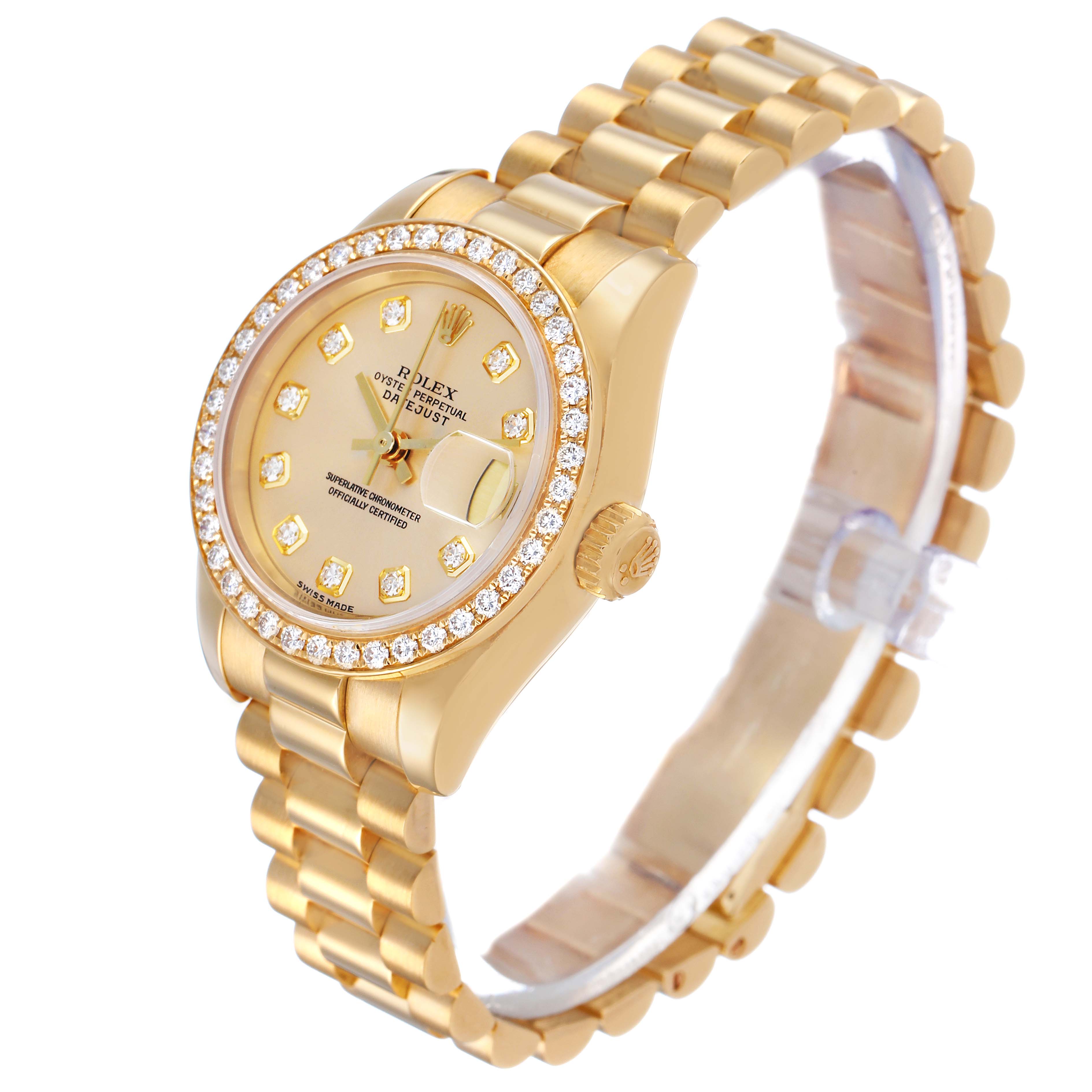 The Rolex President 179138 Women's Yellow Gold Champagne Dial watch is shown at a three-quarter angle, displaying the face, bezel, crown, and bracelet.