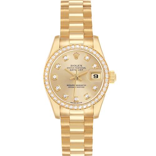 The Rolex President 179138 Women's Yellow Gold Champagne Dial watch is shown from a top-down angle, displaying the full face, bezel, and part of the bracelet.