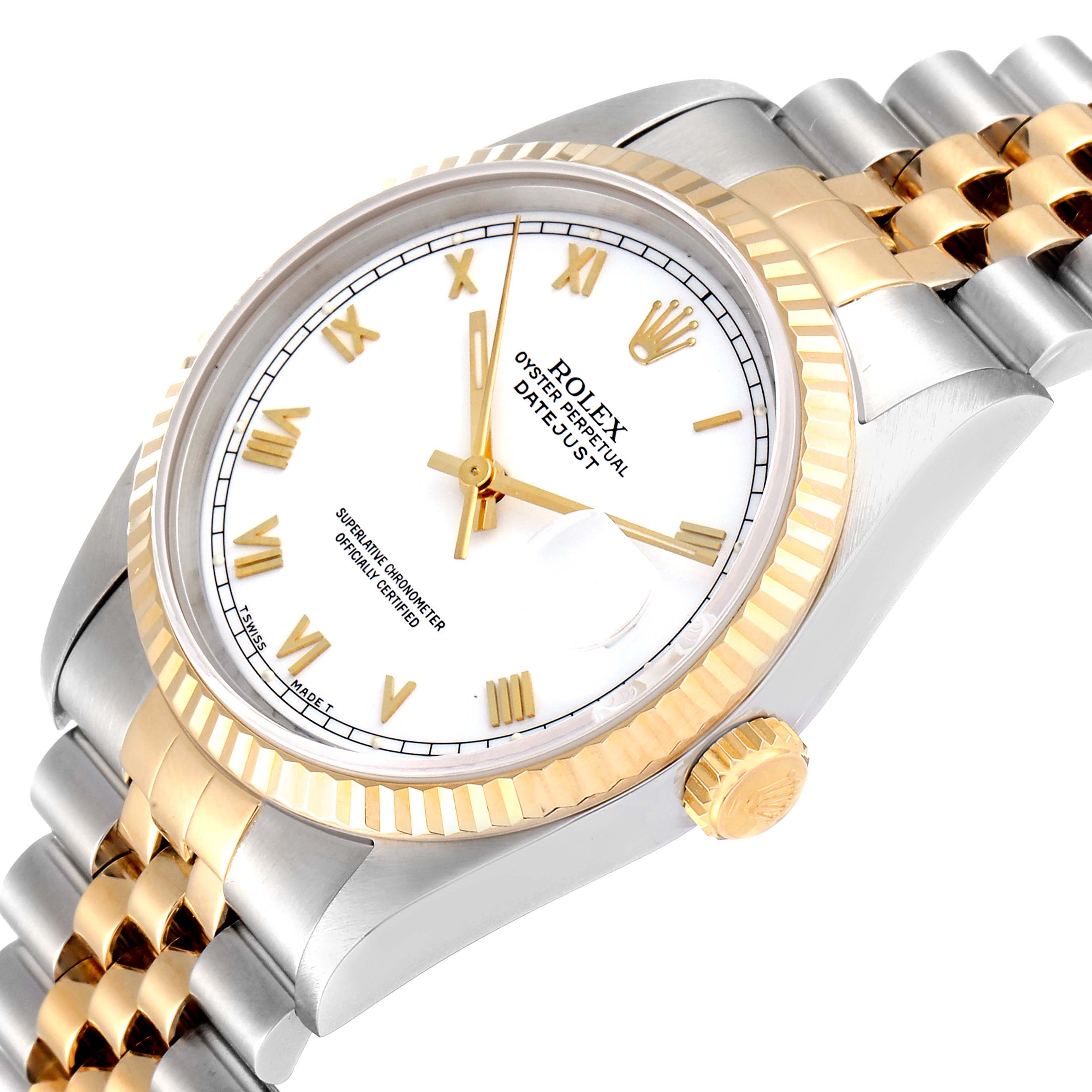 This image shows the dial, bezel, crown, and part of the bracelet of a Rolex Datejust 16233 Men's Steel and Gold (two tone) White Dial 16233 Men's Steel and Gold (two tone) White Dial watch at a slight angle.