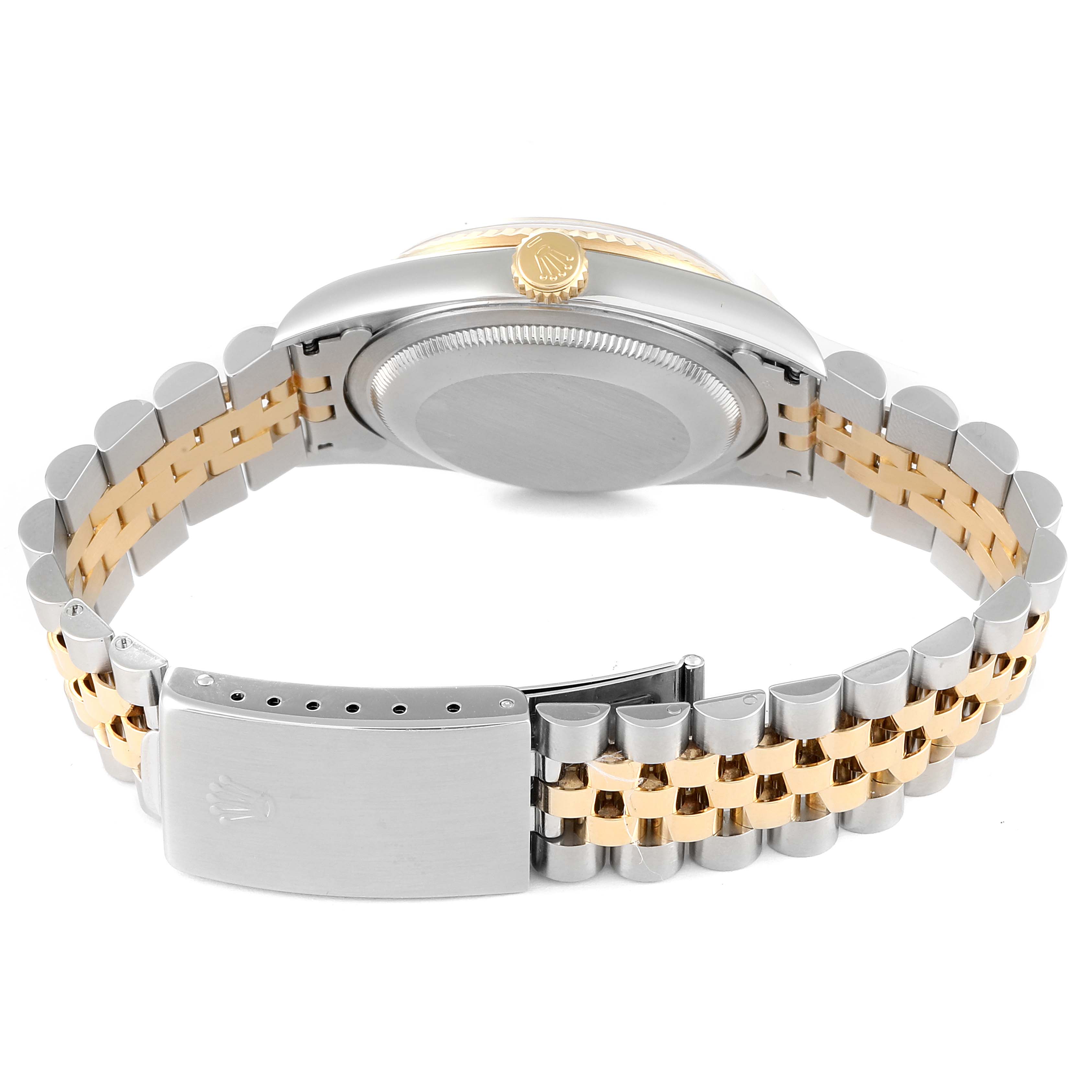 This image shows the back view of a two-tone Rolex Datejust 16233 Men's Steel and Gold (two tone) White Dial 16233 Men's Steel and Gold (two tone) White Dial watch, highlighting the bracelet, clasp, and case back.