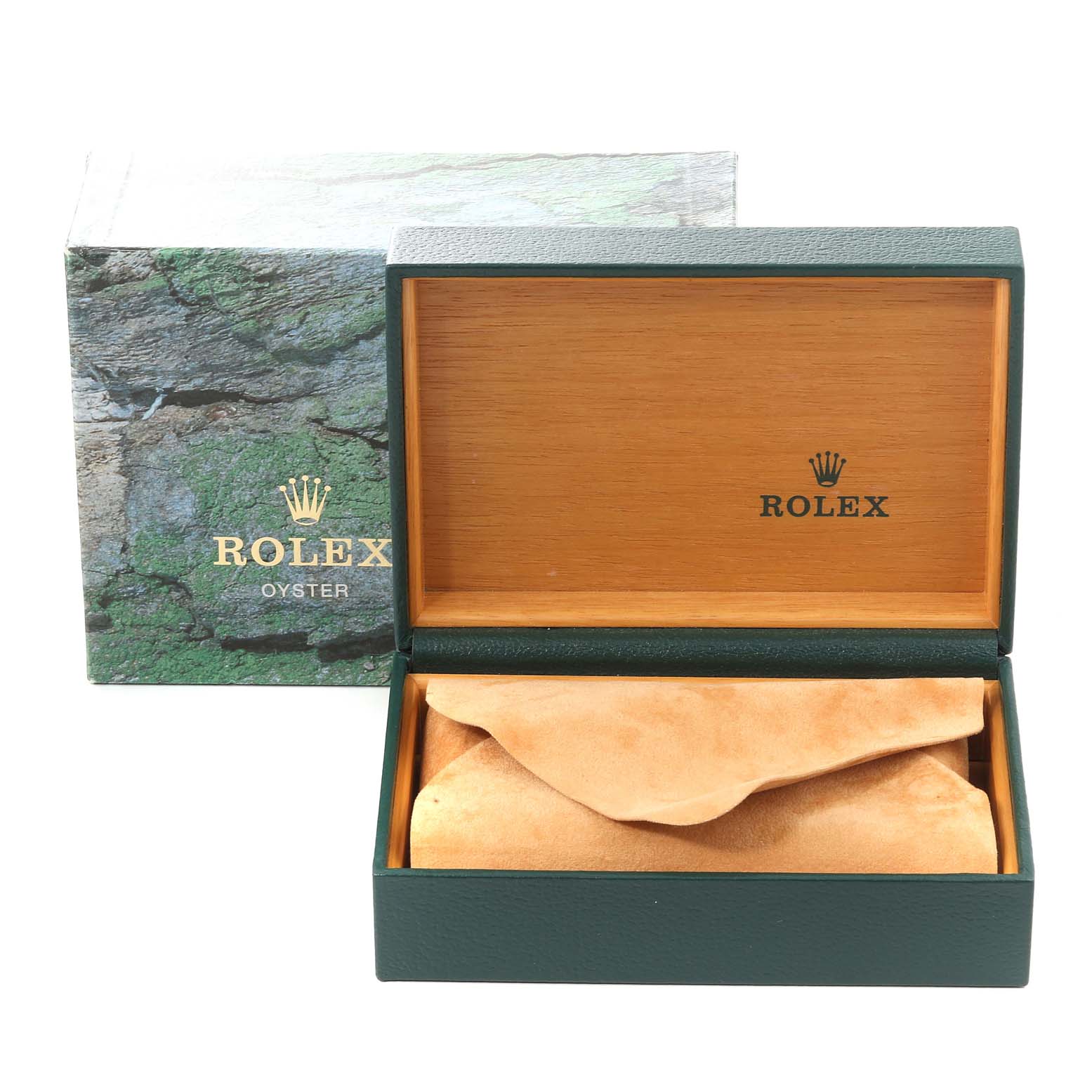 The image shows a Rolex Datejust 16233 Men's Steel and Gold (two tone) White Dial 16233 Men's Steel and Gold (two tone) White Dial watch box and sleeve, with the box open to reveal a plush interior.