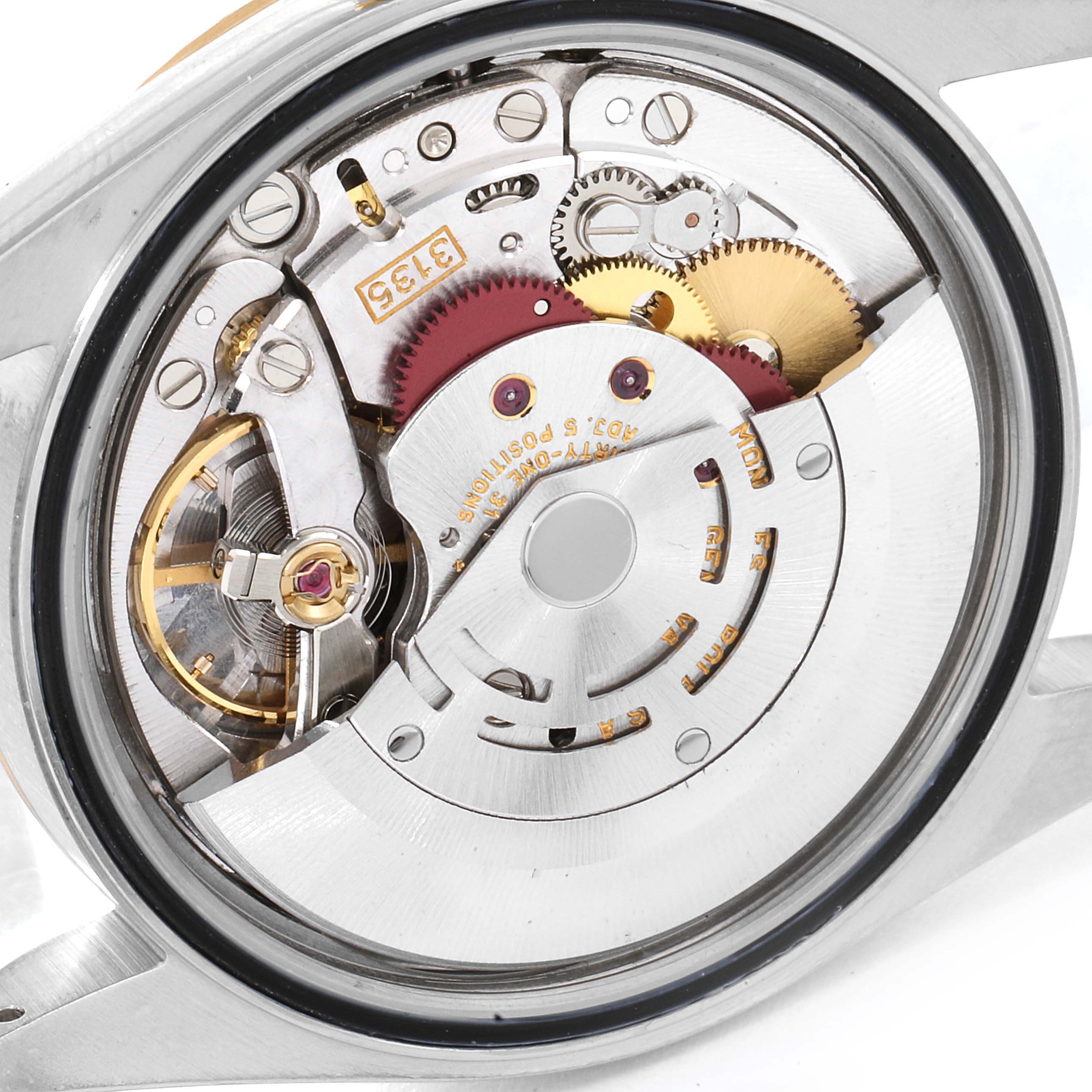 This image shows the internal mechanism of a Rolex Datejust 16233 Men's Steel and Gold (two tone) White Dial 16233 Men's Steel and Gold (two tone) White Dial model watch from the back angle.