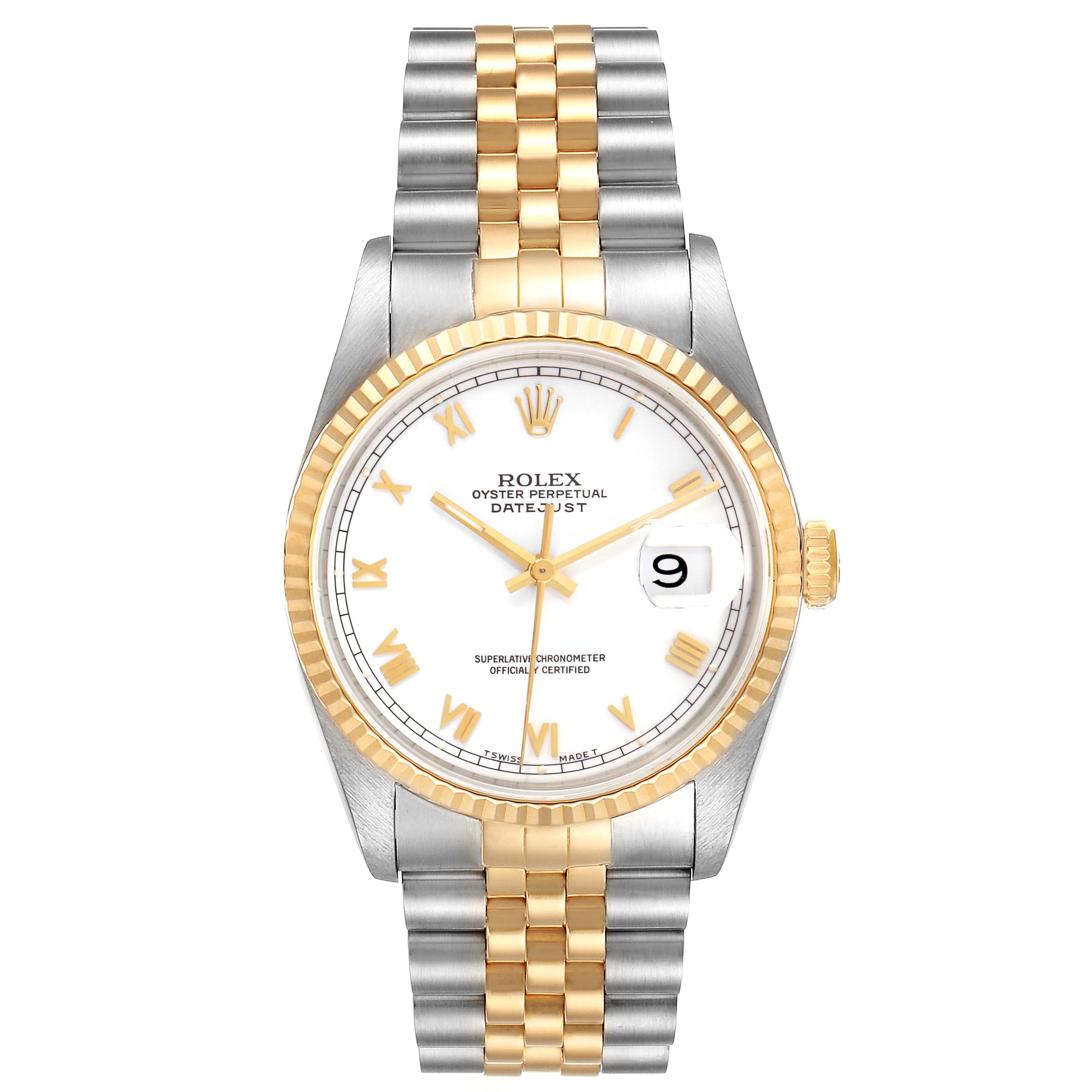 The image shows a frontal view of the Rolex Datejust 16233 Men's Steel and Gold (two tone) White Dial 16233 Men's Steel and Gold (two tone) White Dial watch, displaying the dial, bezel, and bracelet.