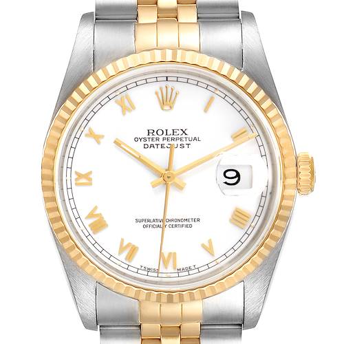 This image shows a front view of a Rolex Datejust watch, highlighting the face, bezel, crown, and part of the bracelet.