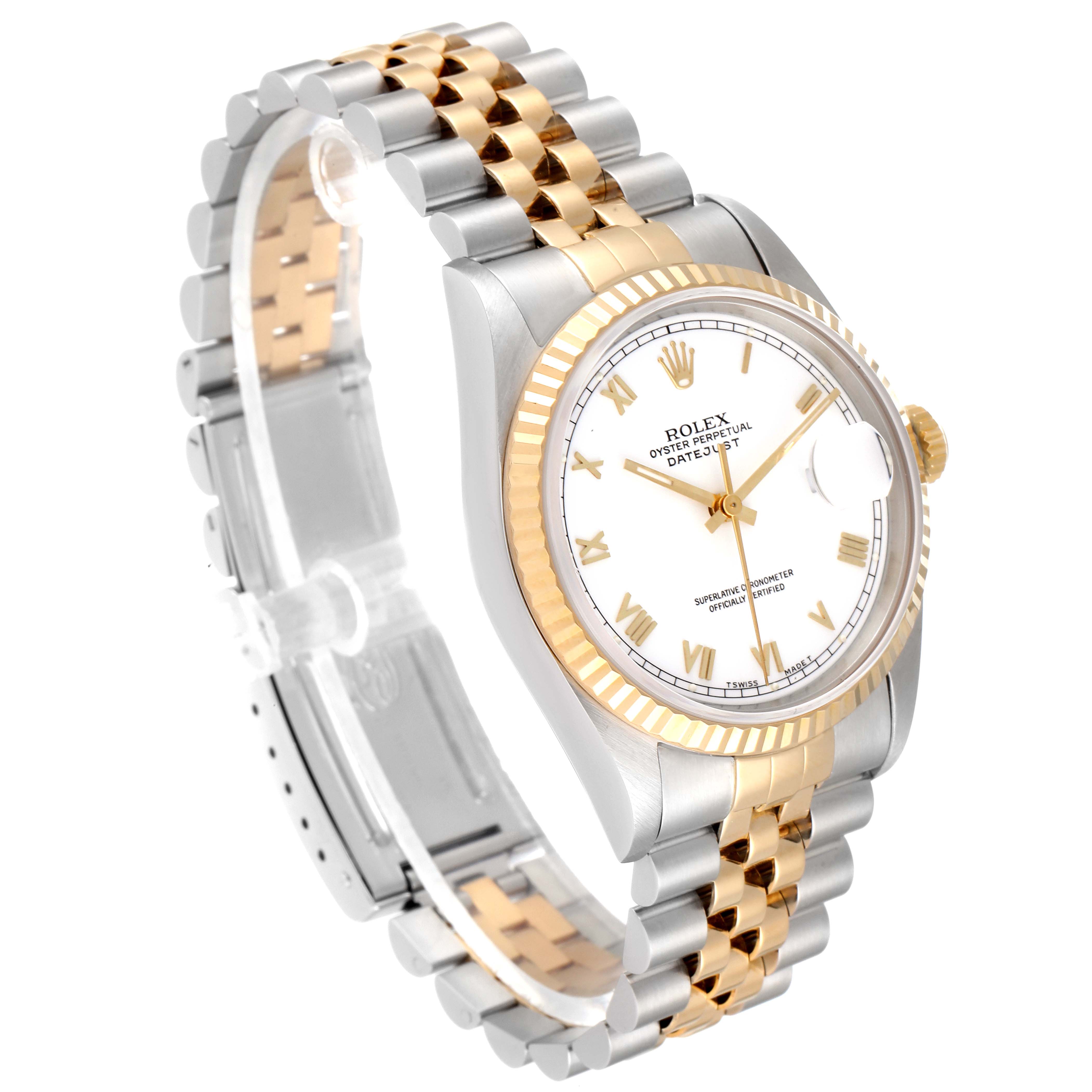This image shows a Rolex Datejust 16233 Men's Steel and Gold (two tone) White Dial 16233 Men's Steel and Gold (two tone) White Dial model watch at a three-quarter angle, displaying the bezel, dial, and bracelet.