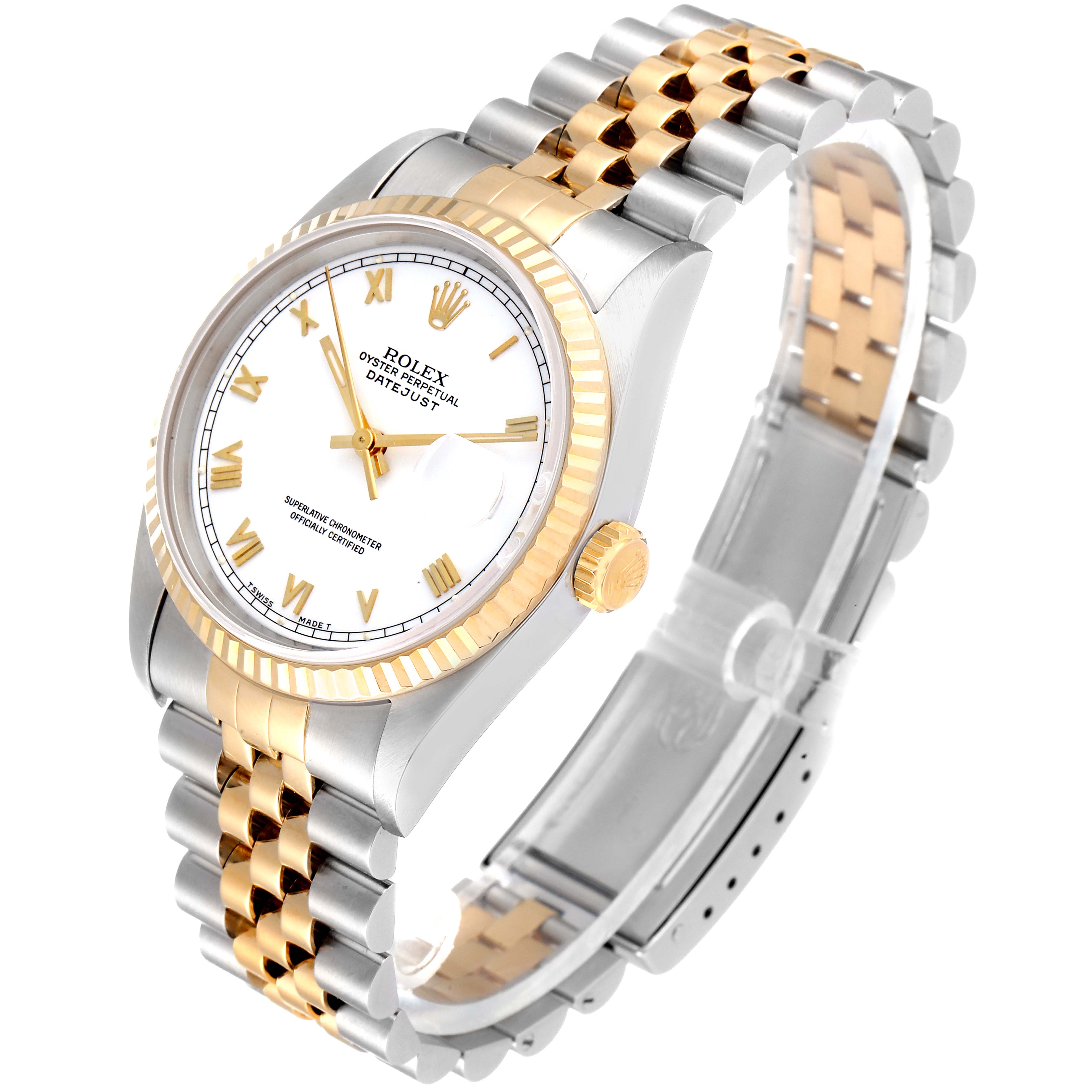 The Rolex Datejust 16233 Men's Steel and Gold (two tone) White Dial 16233 Men's Steel and Gold (two tone) White Dial watch is shown at an angled side view, displaying the face, bezel, crown, and two-tone bracelet.