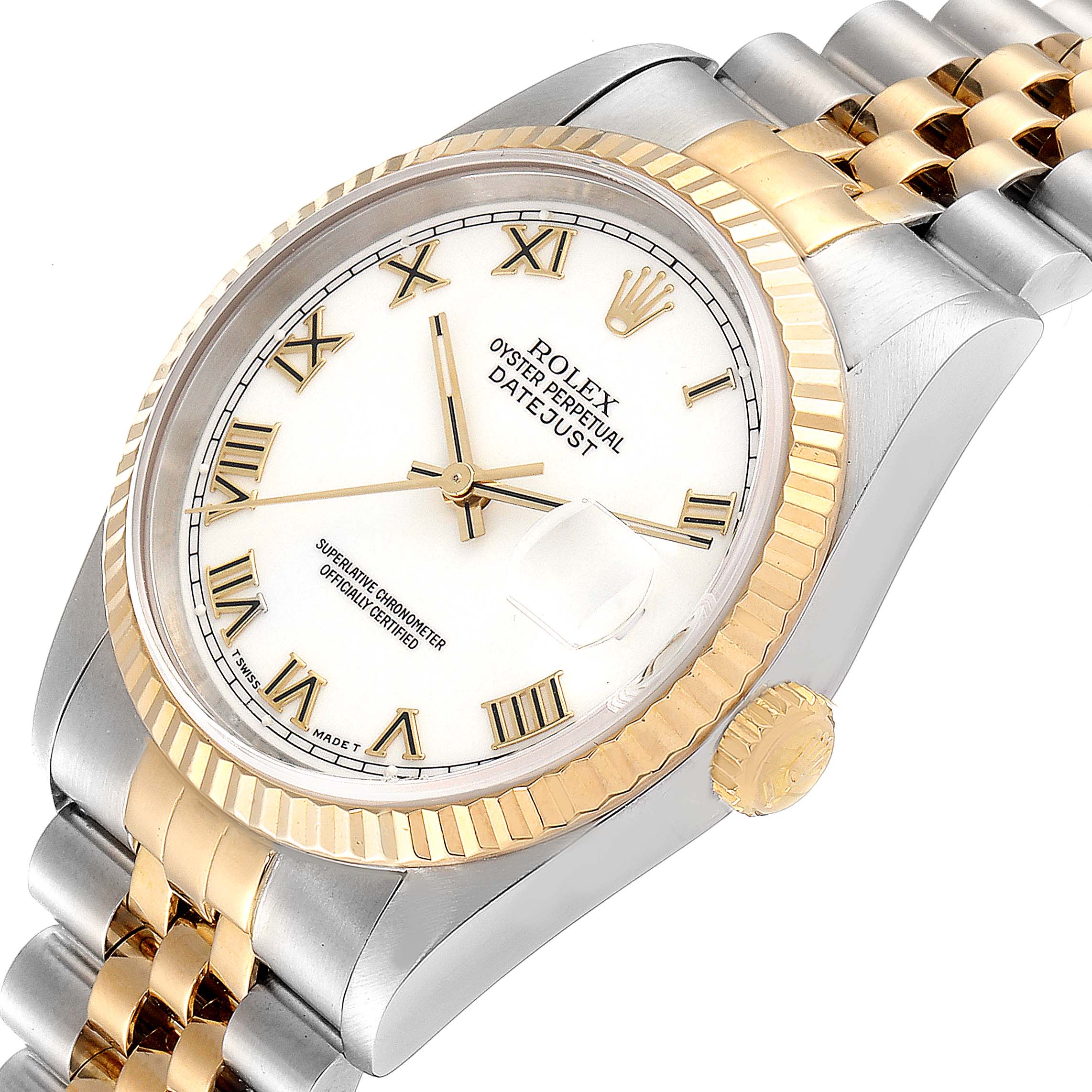 The image shows a Rolex Datejust 16233 Men's Steel and Gold (two tone) White Dial 16233 Men's Steel and Gold (two tone) White Dial model watch from an angled top view, highlighting the dial, bezel, and part of the bracelet.