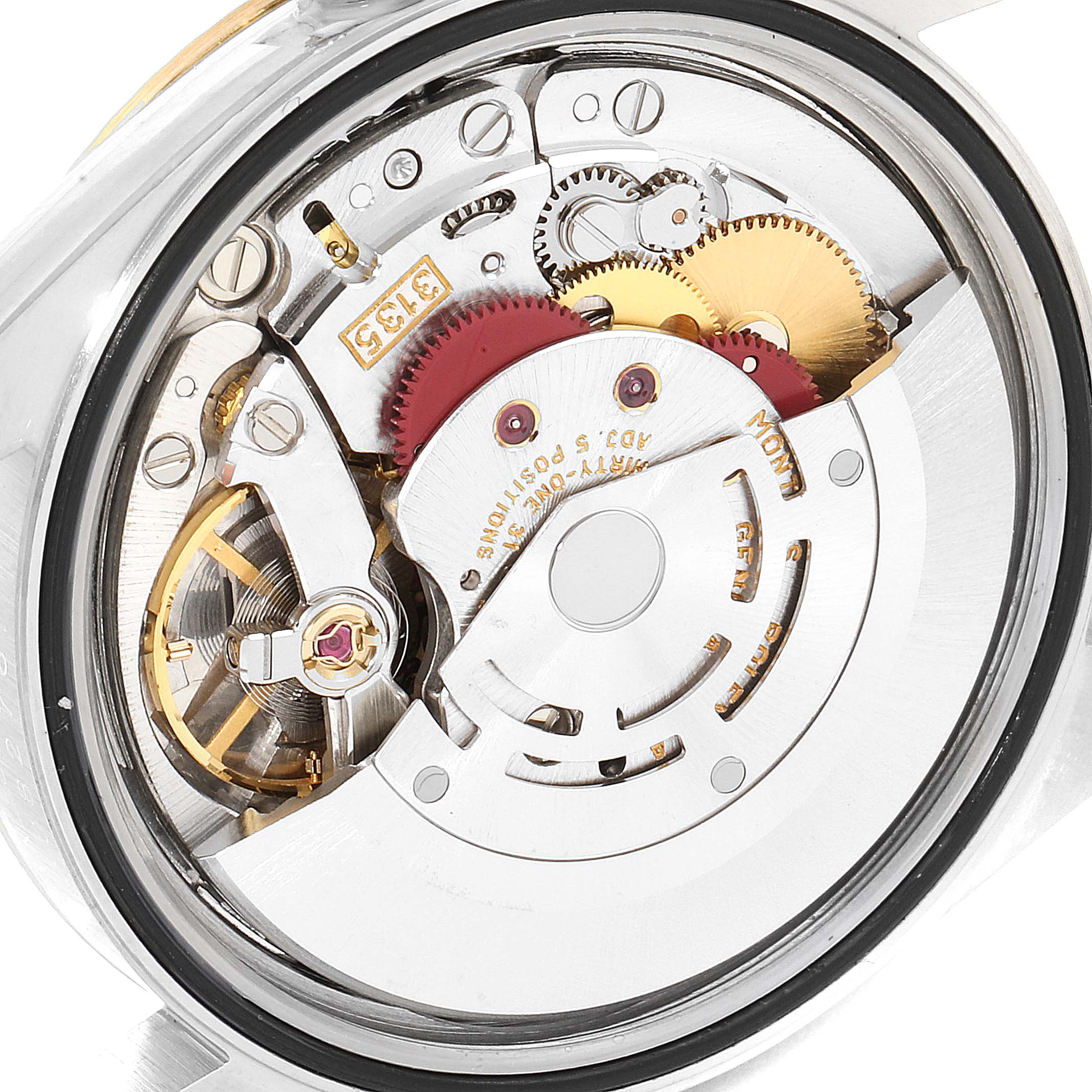 This image shows the internal movement mechanism of a Rolex Datejust 16233 Men's Steel and Gold (two tone) White Dial 16233 Men's Steel and Gold (two tone) White Dial model watch.