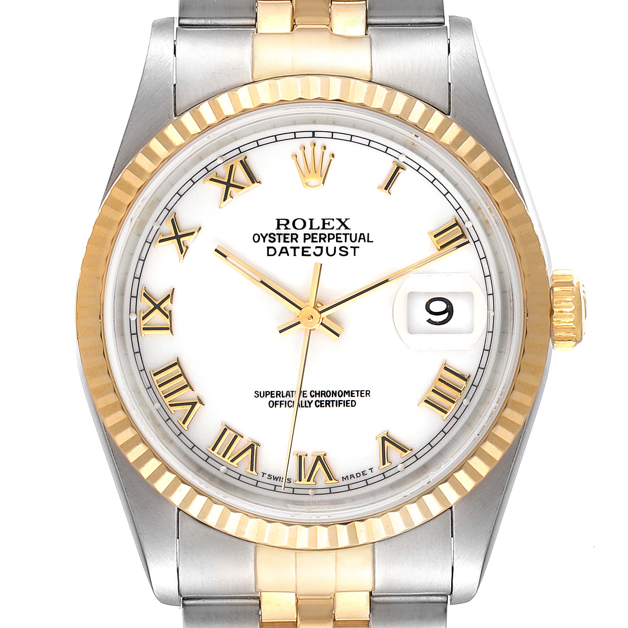 The image shows a Rolex Datejust 16233 Men's Steel and Gold (two tone) White Dial 16233 Men's Steel and Gold (two tone) White Dial watch from a front angle, featuring the dial, bezel, crown, and part of the bracelet.