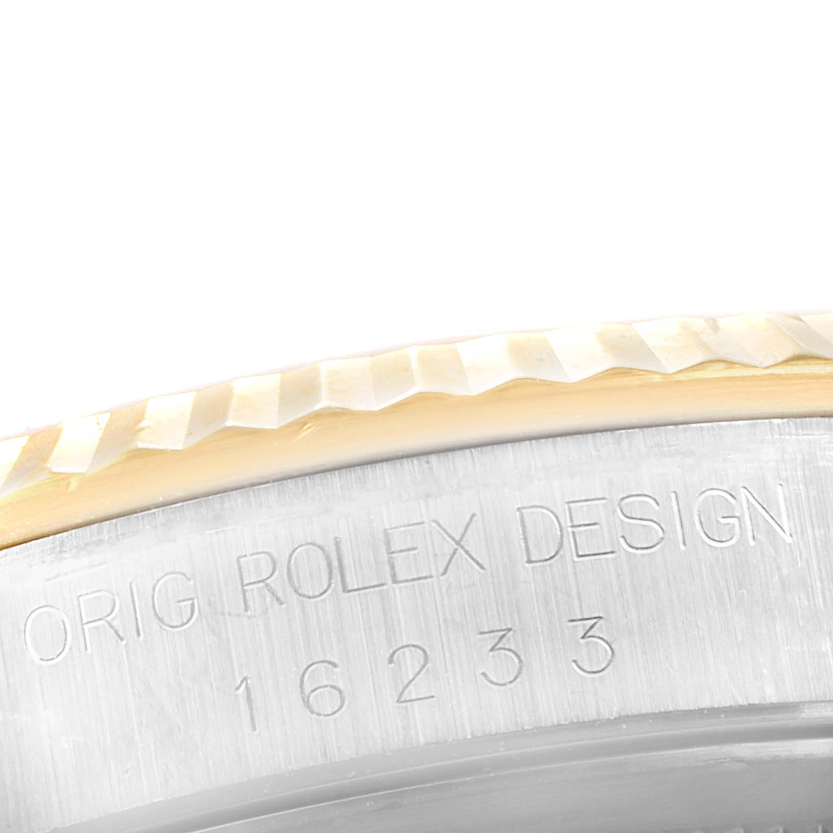 The image shows a close-up of the bezel and the case side of a Rolex Datejust 16233 Men's Steel and Gold (two tone) White Dial 16233 Men's Steel and Gold (two tone) White Dial watch, displaying the model number "16233".
