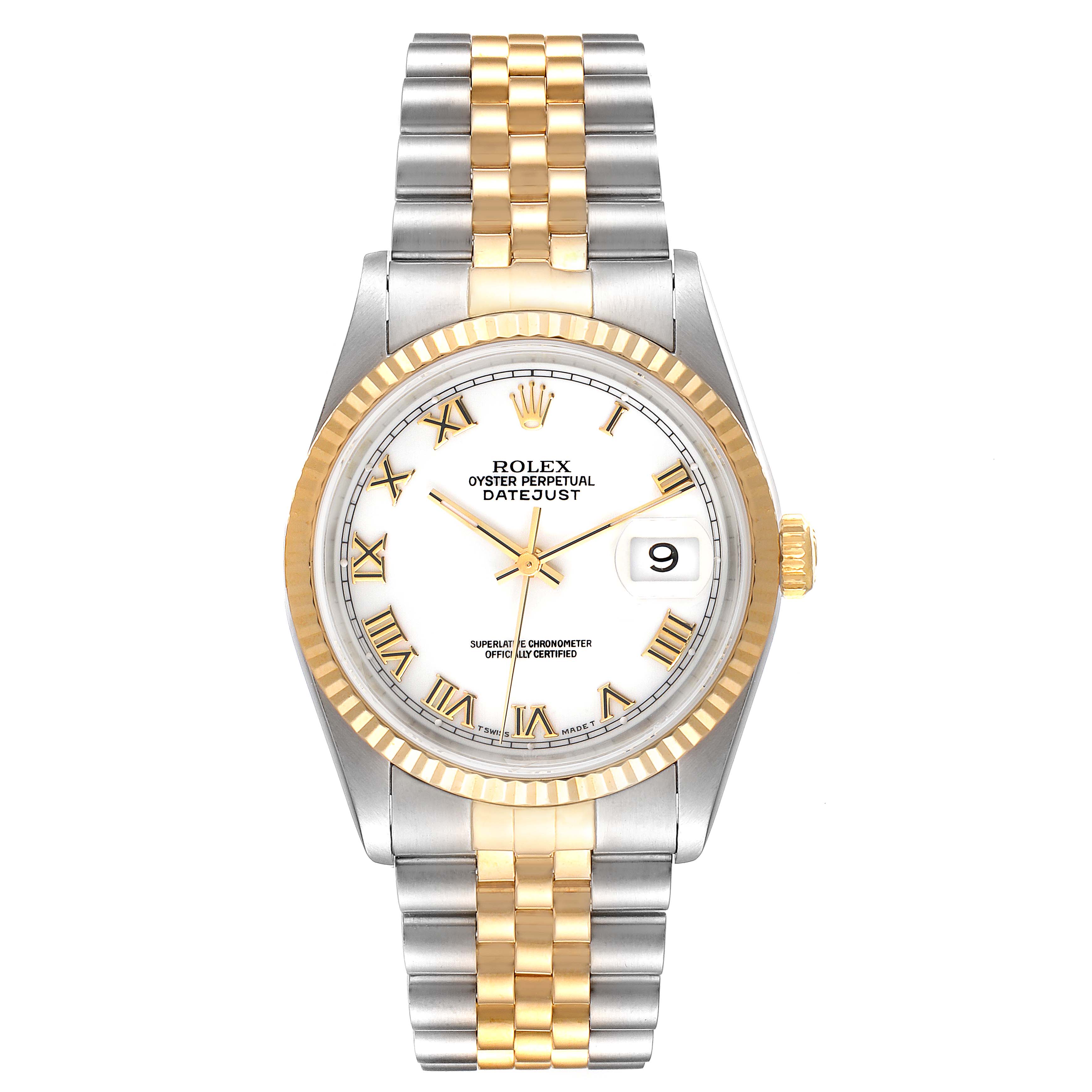The Rolex Datejust 16233 Men's Steel and Gold (two tone) White Dial 16233 Men's Steel and Gold (two tone) White Dial watch is shown from a top-down angle, displaying its face, bezel, and two-tone bracelet.
