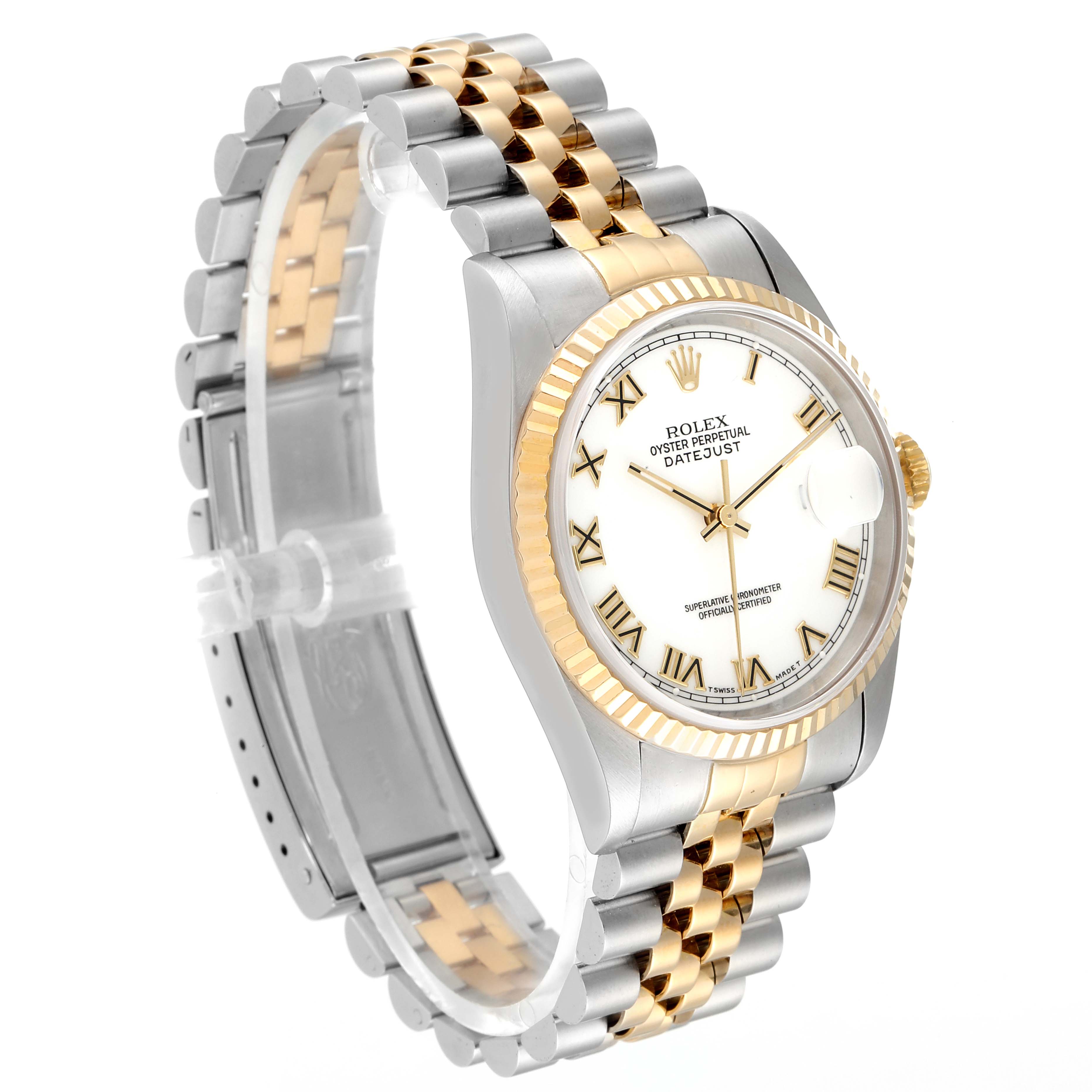 The image shows a Rolex Datejust 16233 Men's Steel and Gold (two tone) White Dial 16233 Men's Steel and Gold (two tone) White Dial watch from a 45-degree angle, highlighting its two-tone bracelet, white dial, and fluted gold bezel.