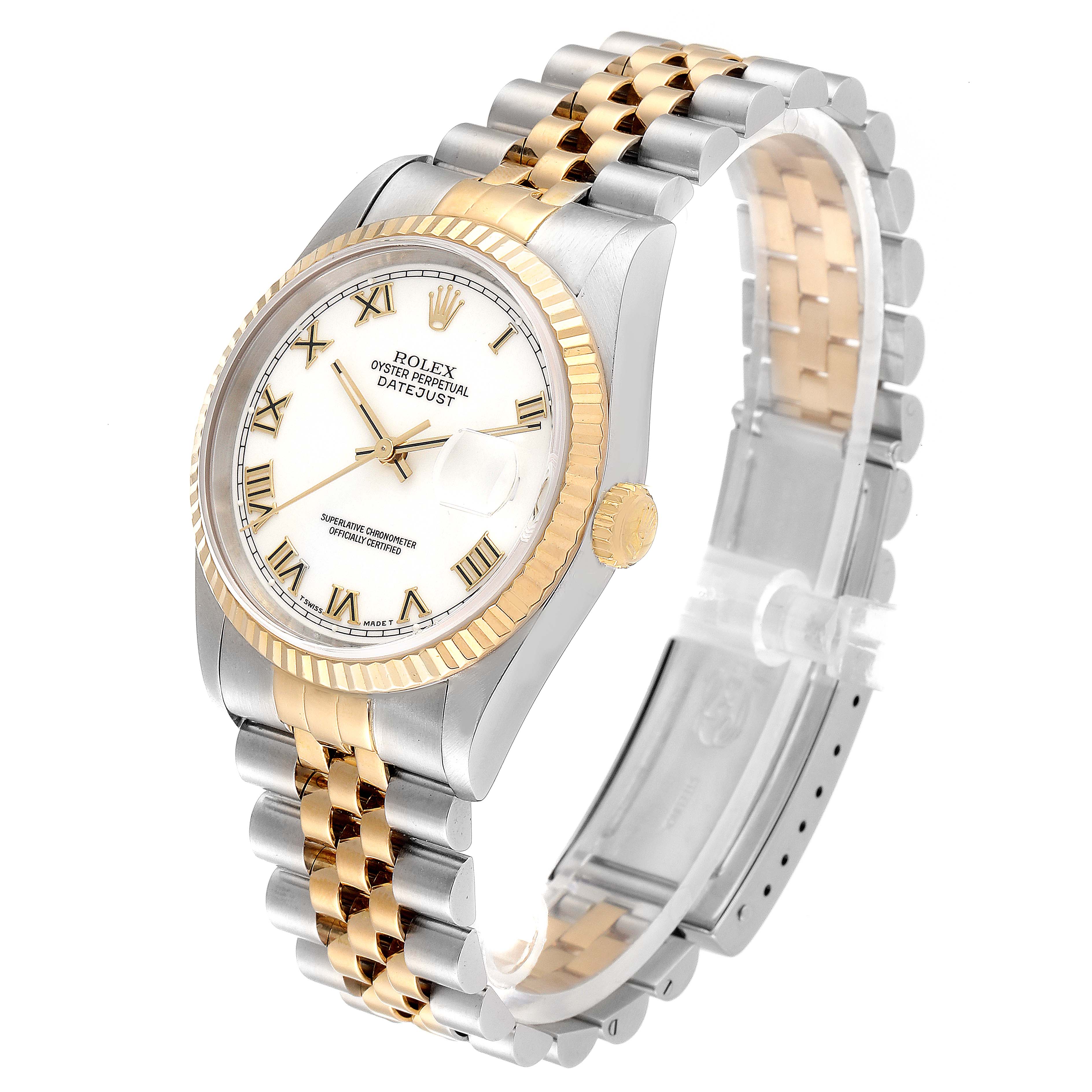 The Rolex Datejust 16233 Men's Steel and Gold (two tone) White Dial 16233 Men's Steel and Gold (two tone) White Dial watch is shown from an angled side view, displaying its face, bezel, crown, and jubilee bracelet.