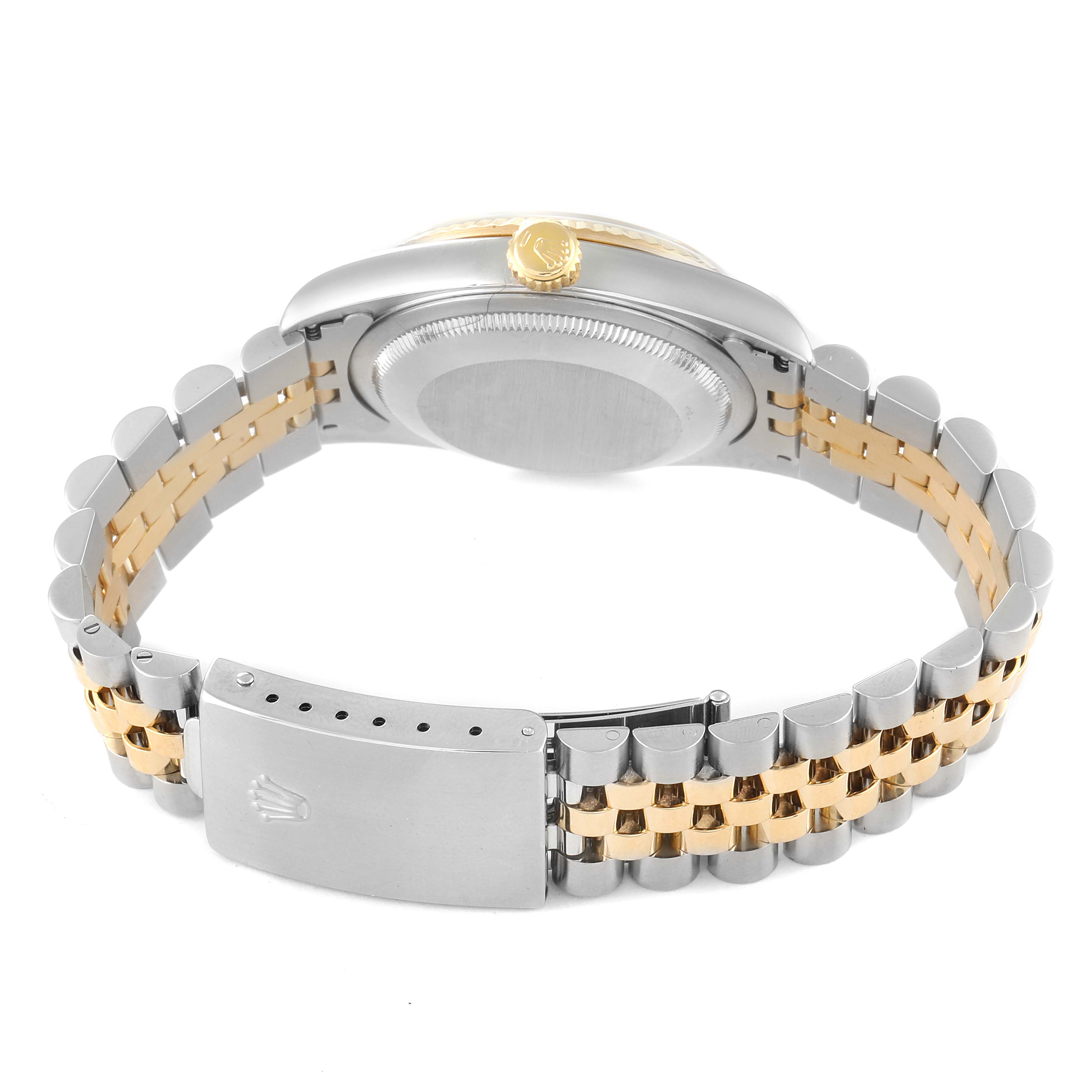 The image shows the back case, crown, and two-tone bracelet with clasp of a Rolex Datejust 16233 Men's Steel and Gold (two tone) White Dial 16233 Men's Steel and Gold (two tone) White Dial.