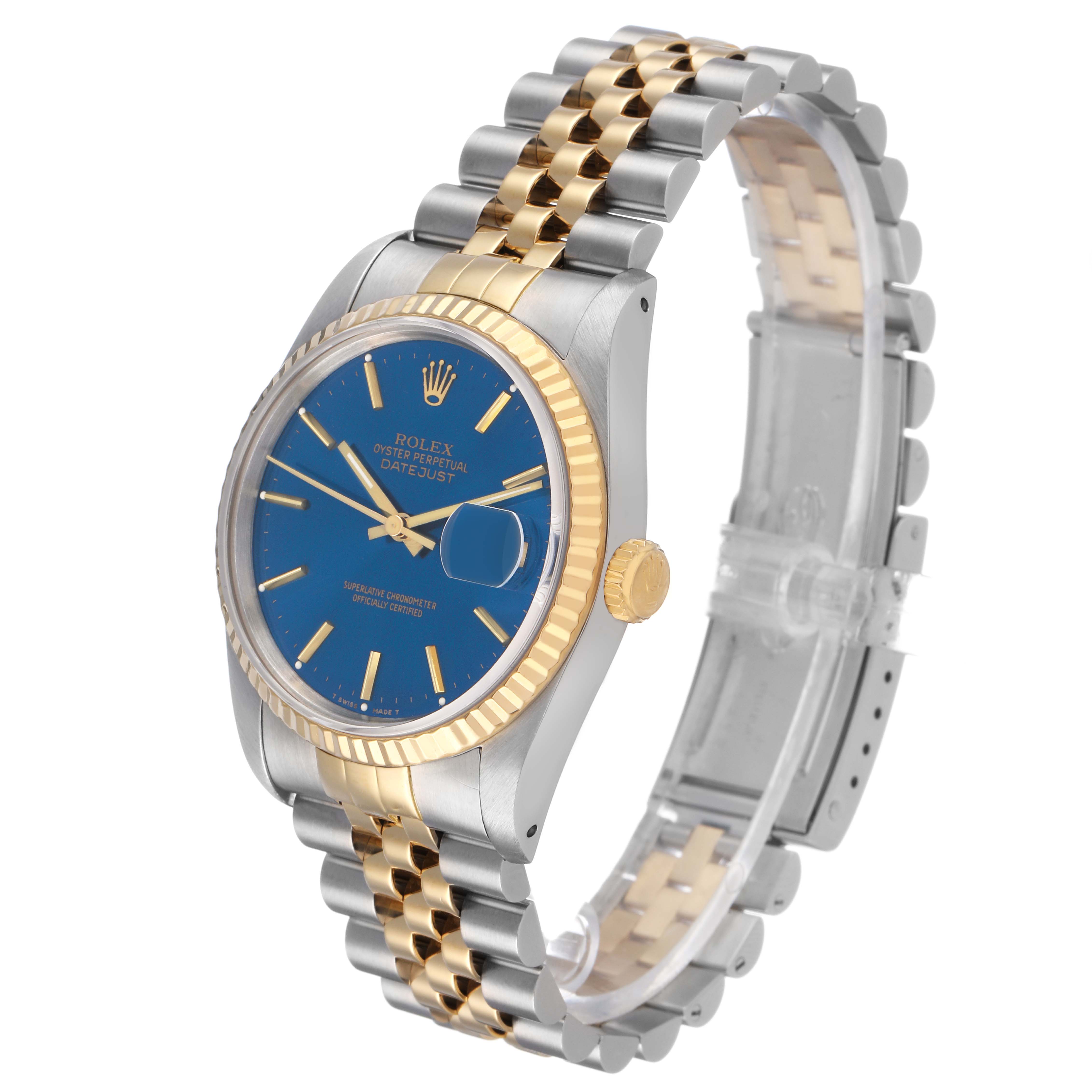 The Rolex Datejust 16233 Men's Steel and Gold (two tone) Blue Dial is shown at a three-quarter angle, highlighting its blue dial, fluted bezel, and two-tone Jubilee bracelet.