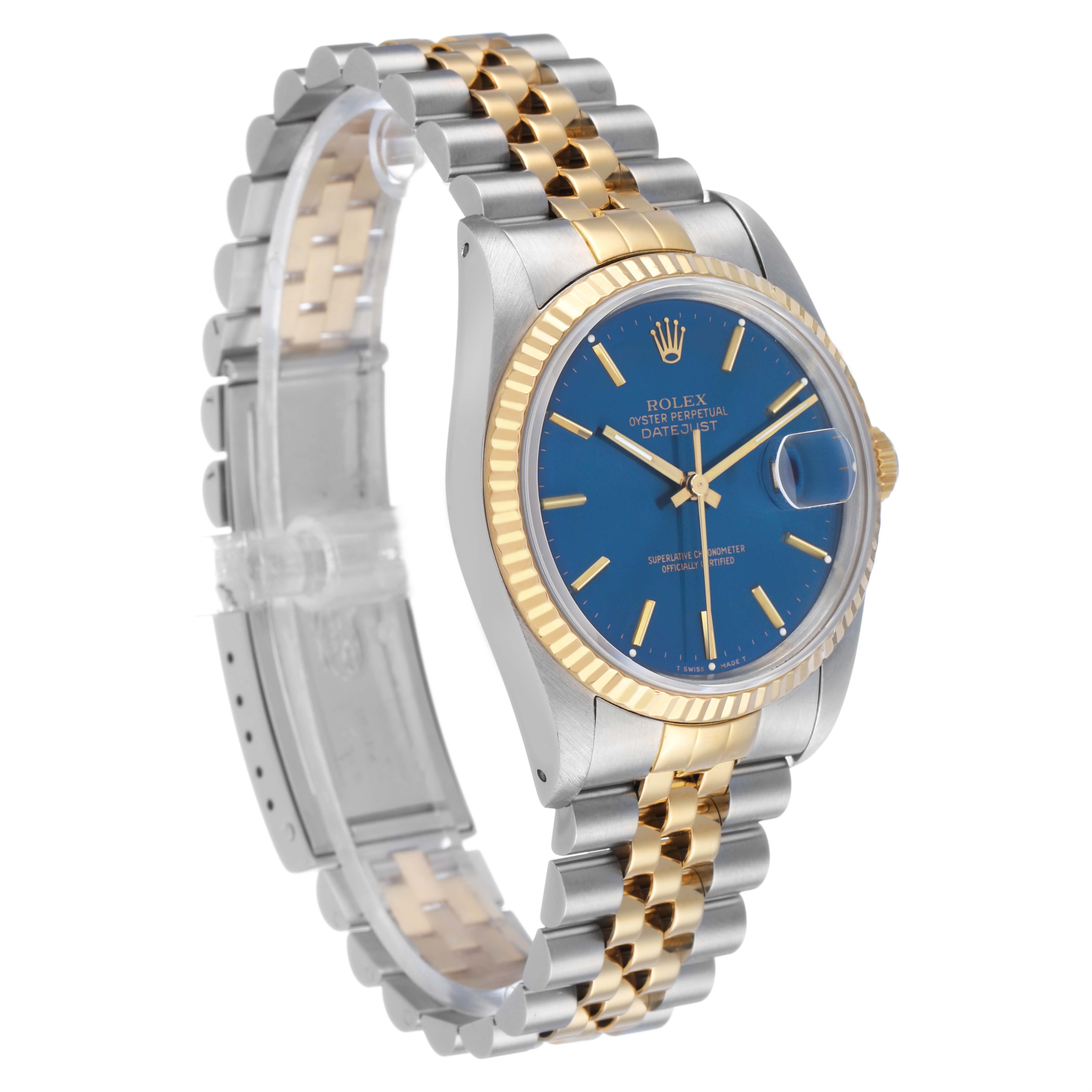 The Rolex Datejust 16233 Men's Steel and Gold (two tone) Blue Dial watch is shown at a three-quarter angle, highlighting its blue dial, fluted bezel, and two-tone Jubilee bracelet.