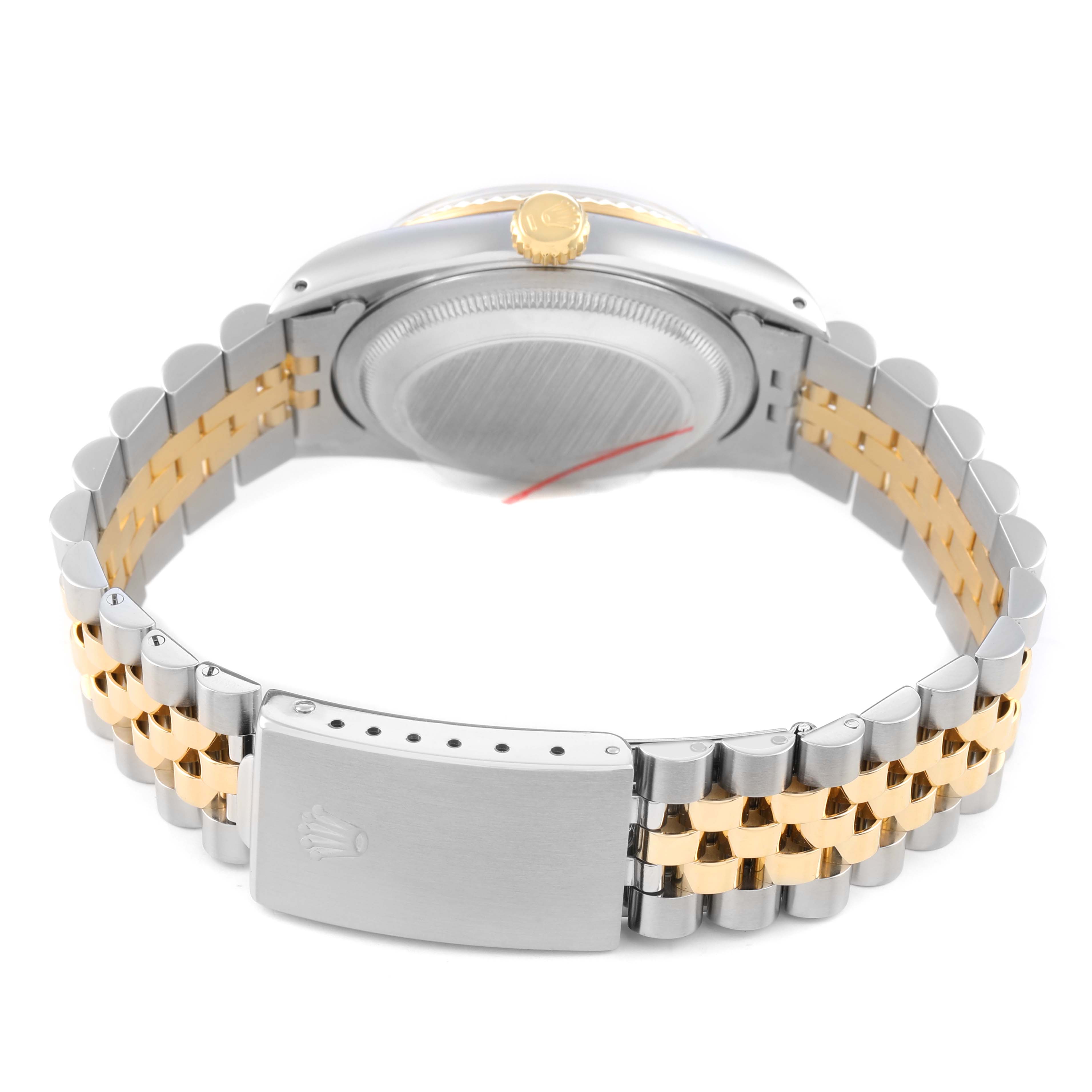 The image shows the back of the Rolex Datejust 16233 Men's Steel and Gold (two tone) Blue Dial, focusing on the bracelet and clasp from a rear angle.