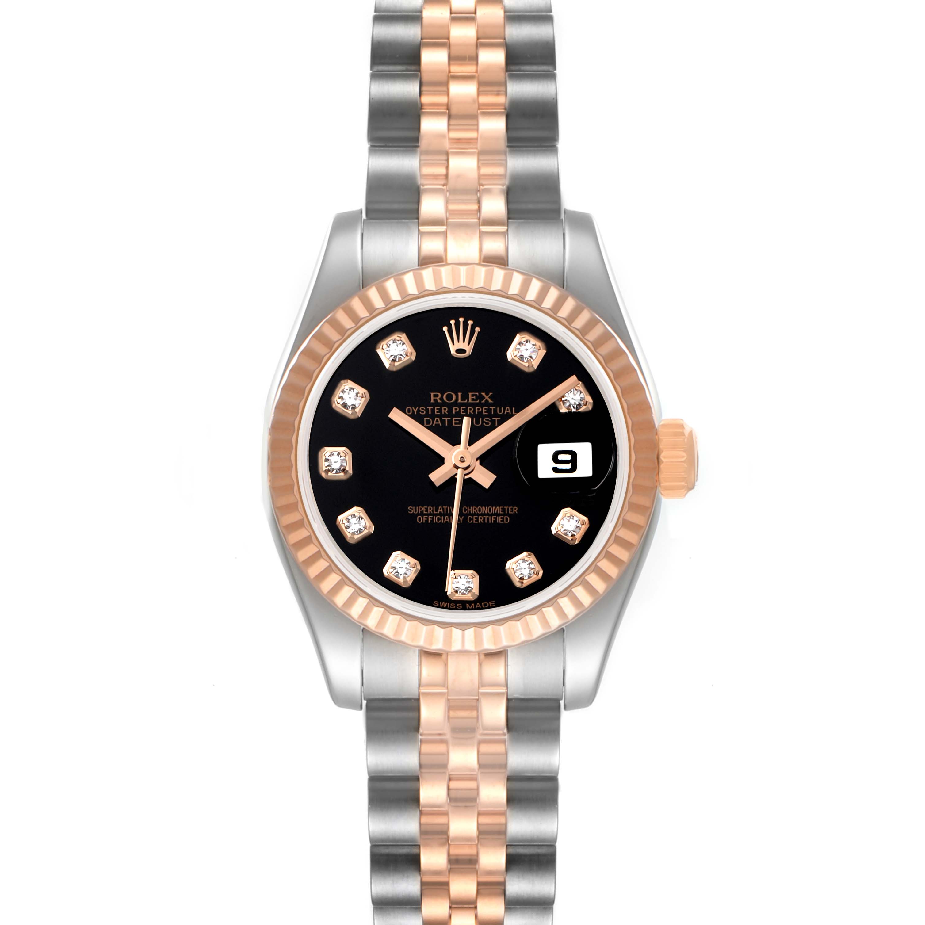 This image shows a Rolex Datejust 179171 Women's Steel and Gold (two tone) Black Dial 179171 Women's Steel and Gold (two tone) Black Dial watch from a top-down angle, highlighting its black dial, date window, and two-tone bracelet.