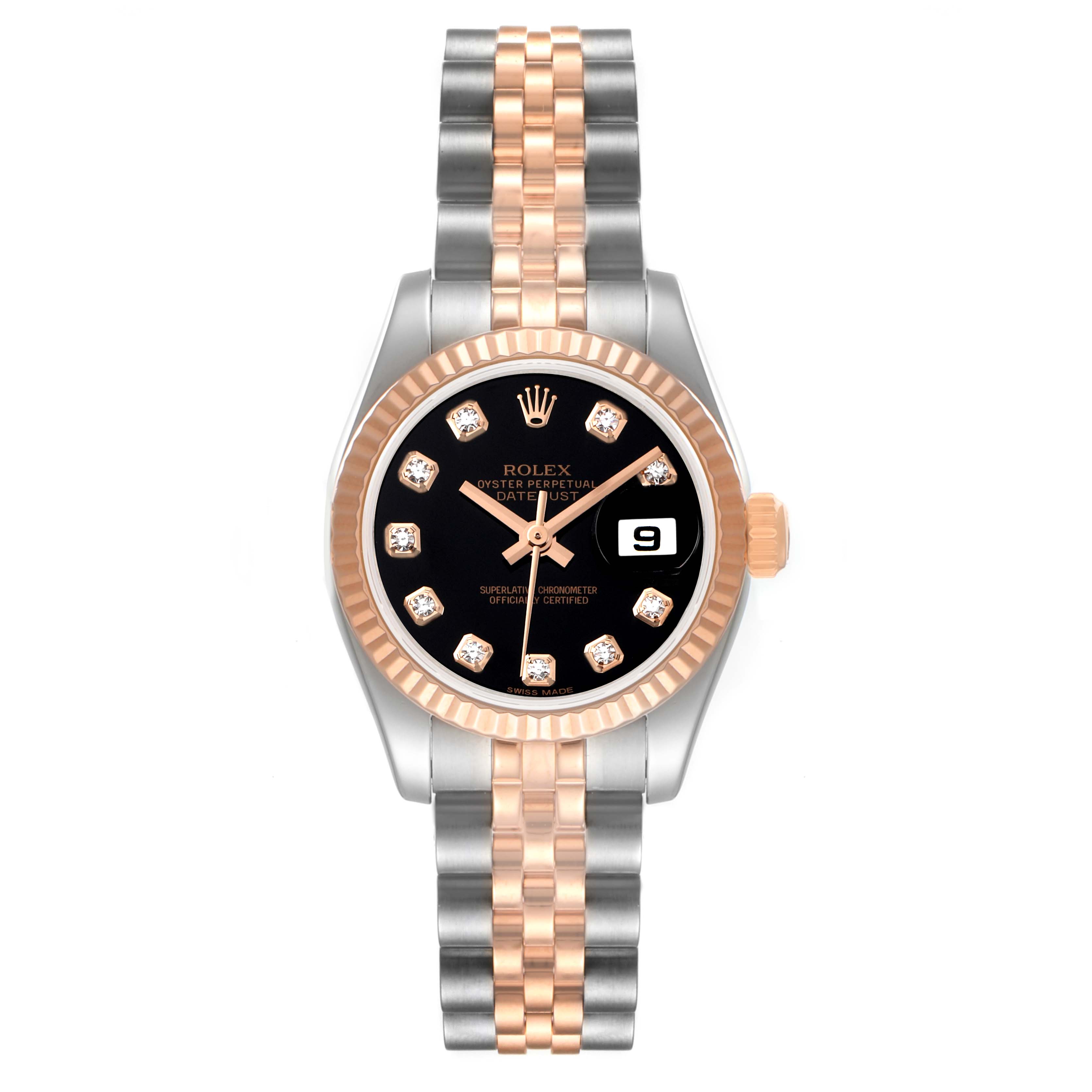 The Rolex Datejust 179171 Women's Steel and Gold (two tone) Black Dial 179171 Women's Steel and Gold (two tone) Black Dial watch is pictured from a straight-on angle, showing its face, bezel, and bracelet.