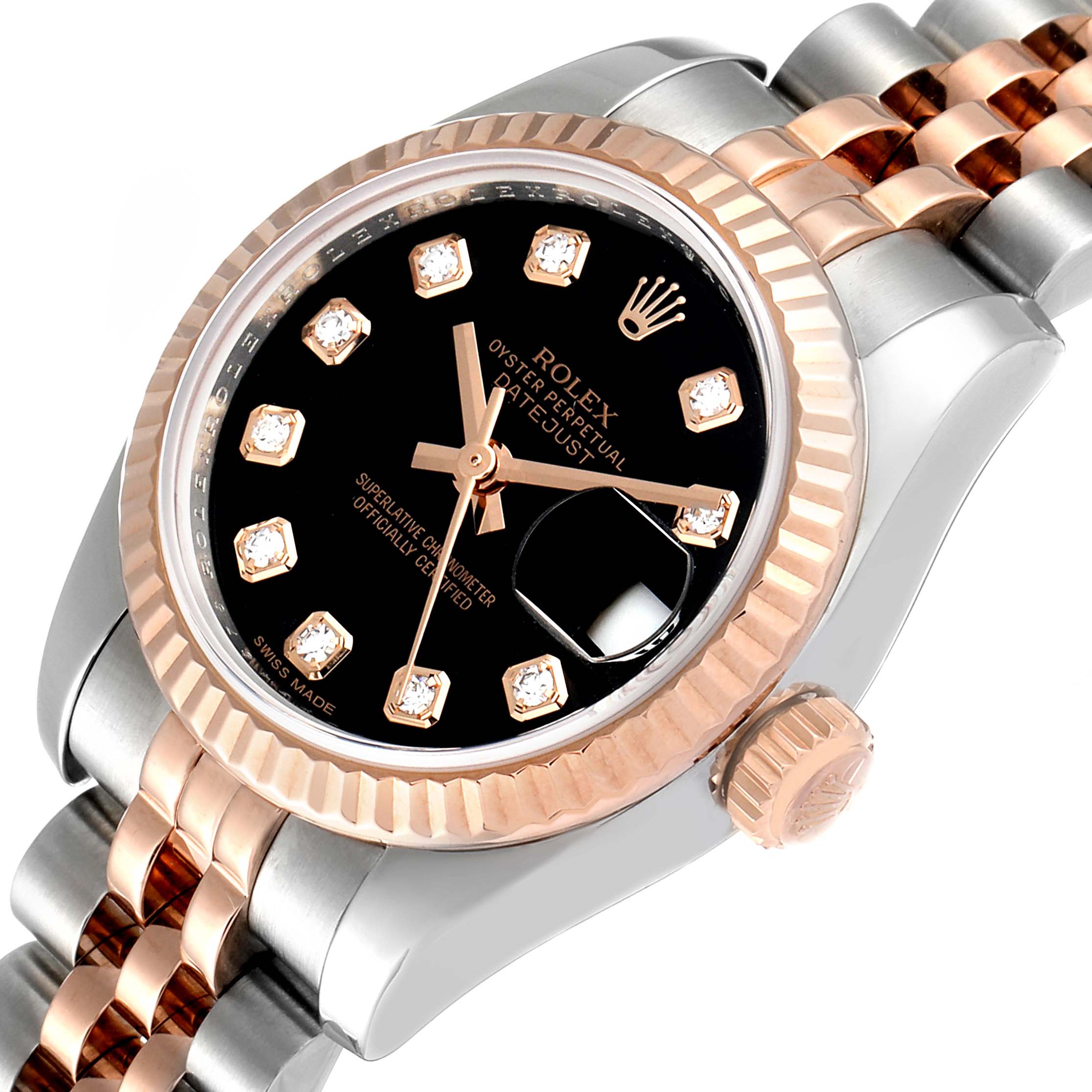 The Rolex Datejust 179171 Women's Steel and Gold (two tone) Black Dial 179171 Women's Steel and Gold (two tone) Black Dial watch is shown at an angled top view, highlighting the black dial, rose gold accents, and jubilee bracelet.