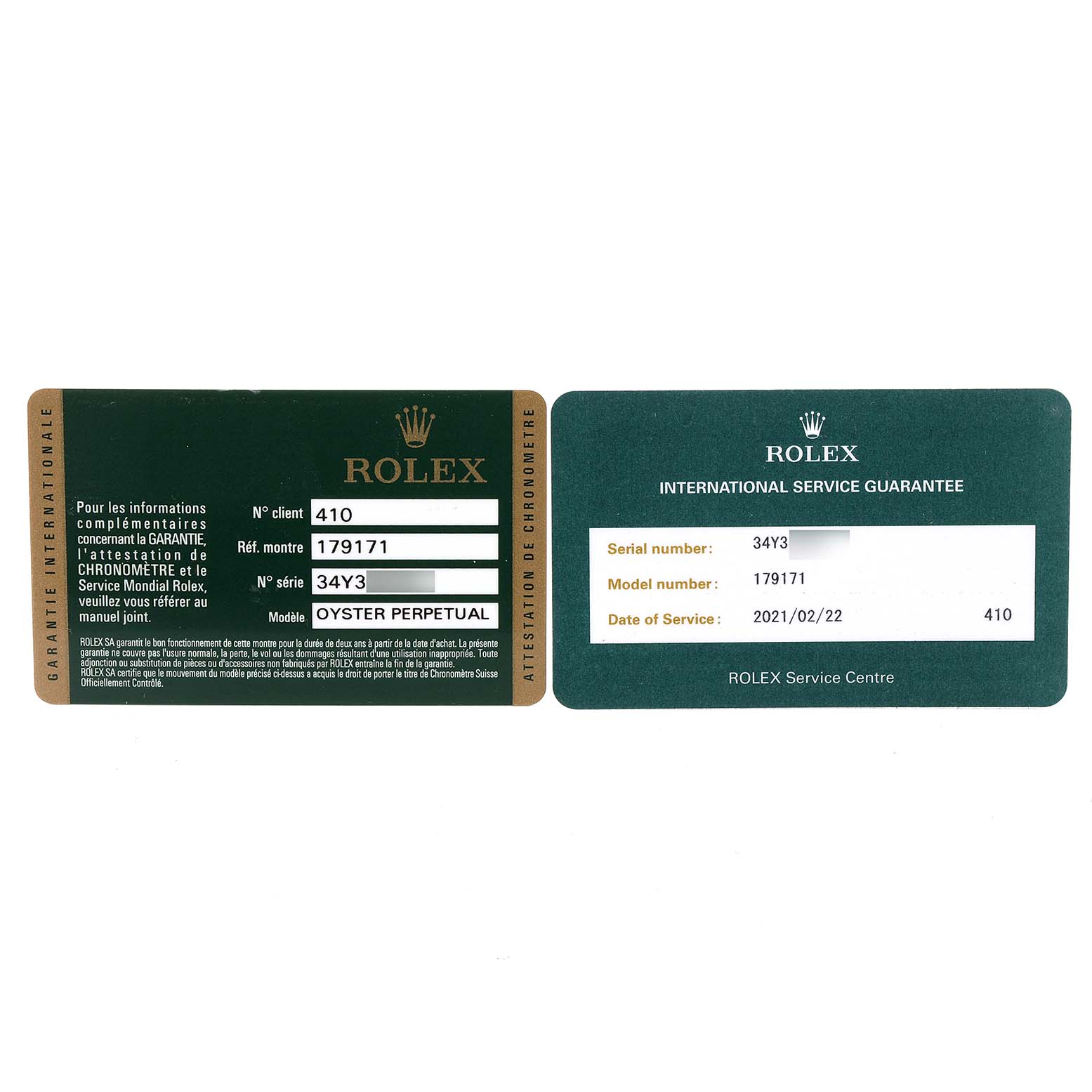 The image shows identification and service guarantee cards for a Rolex Datejust 179171 Women's Steel and Gold (two tone) Black Dial 179171 Women's Steel and Gold (two tone) Black Dial model.