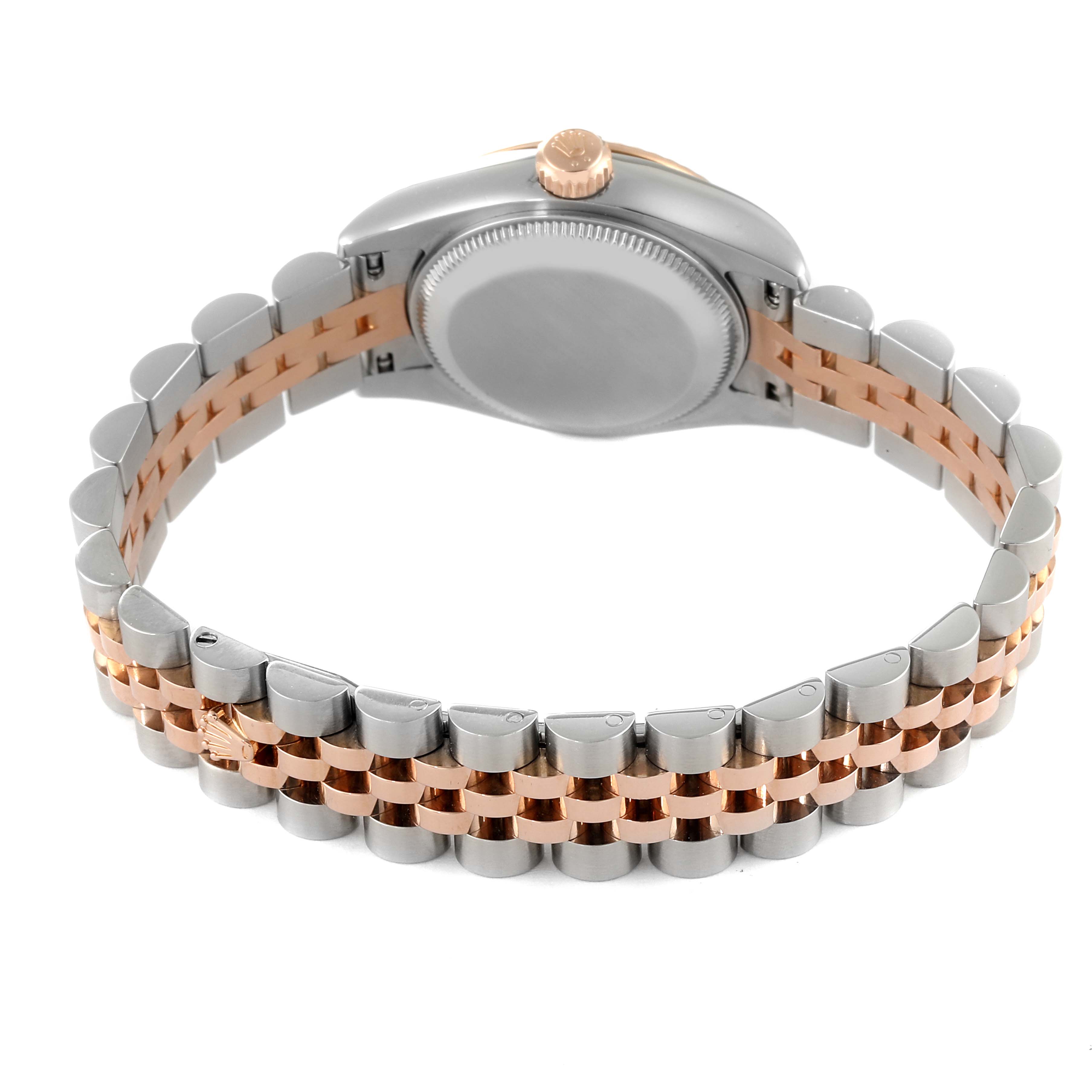 This image shows the back of a Rolex Datejust 179171 Women's Steel and Gold (two tone) Black Dial 179171 Women's Steel and Gold (two tone) Black Dial watch with a two-tone Jubilee bracelet.