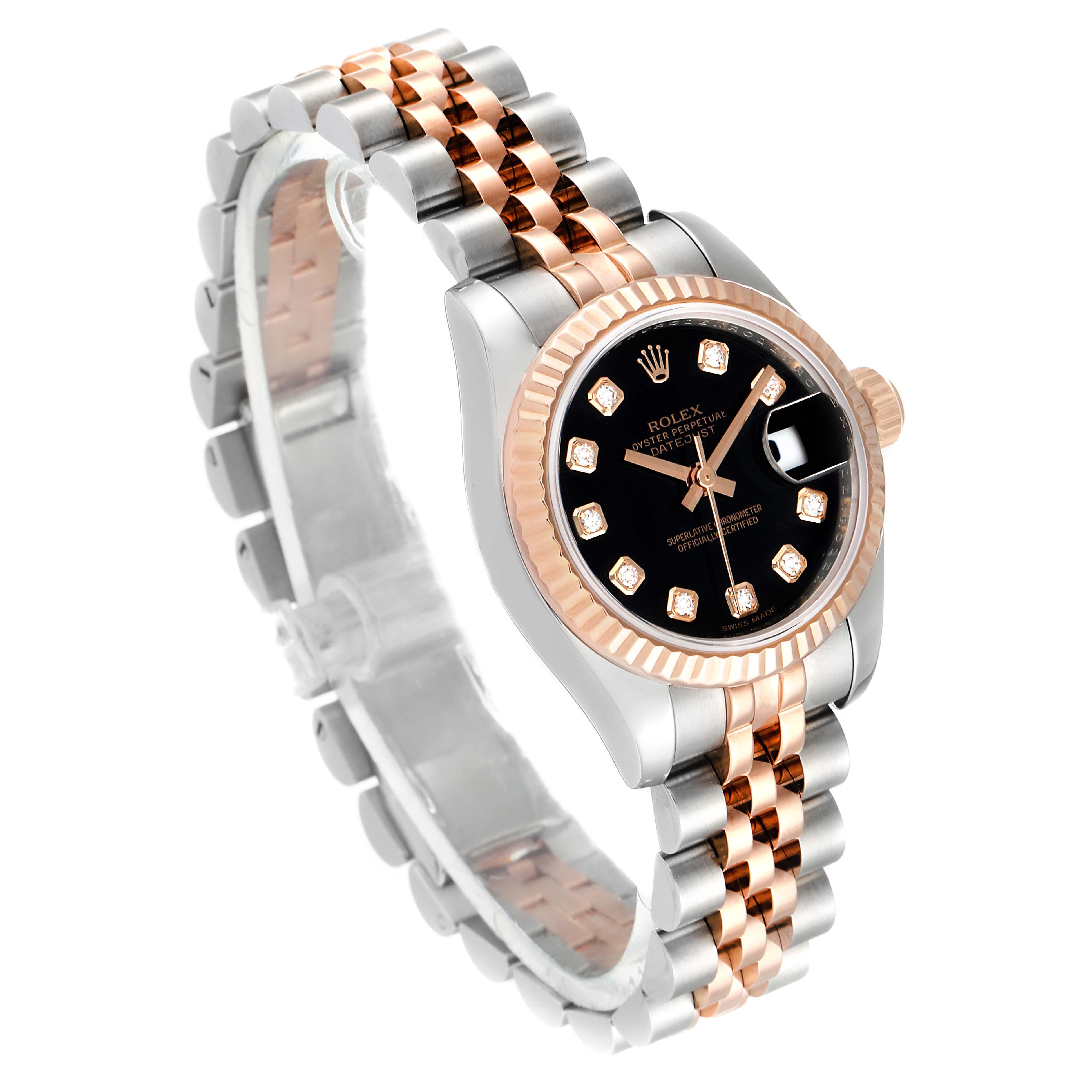 The image shows a Rolex Datejust 179171 Women's Steel and Gold (two tone) Black Dial 179171 Women's Steel and Gold (two tone) Black Dial watch at an angled top view, highlighting its two-tone bracelet, black dial, and fluted bezel.