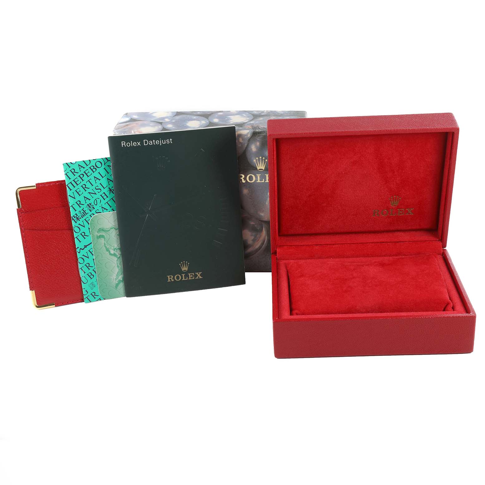 This image shows the packaging and documentation for a Rolex Datejust 69174 Women's Stainless Steel Black Dial 69174 Women's Stainless Steel Black Dial watch, including the box, booklet, and warranty card.