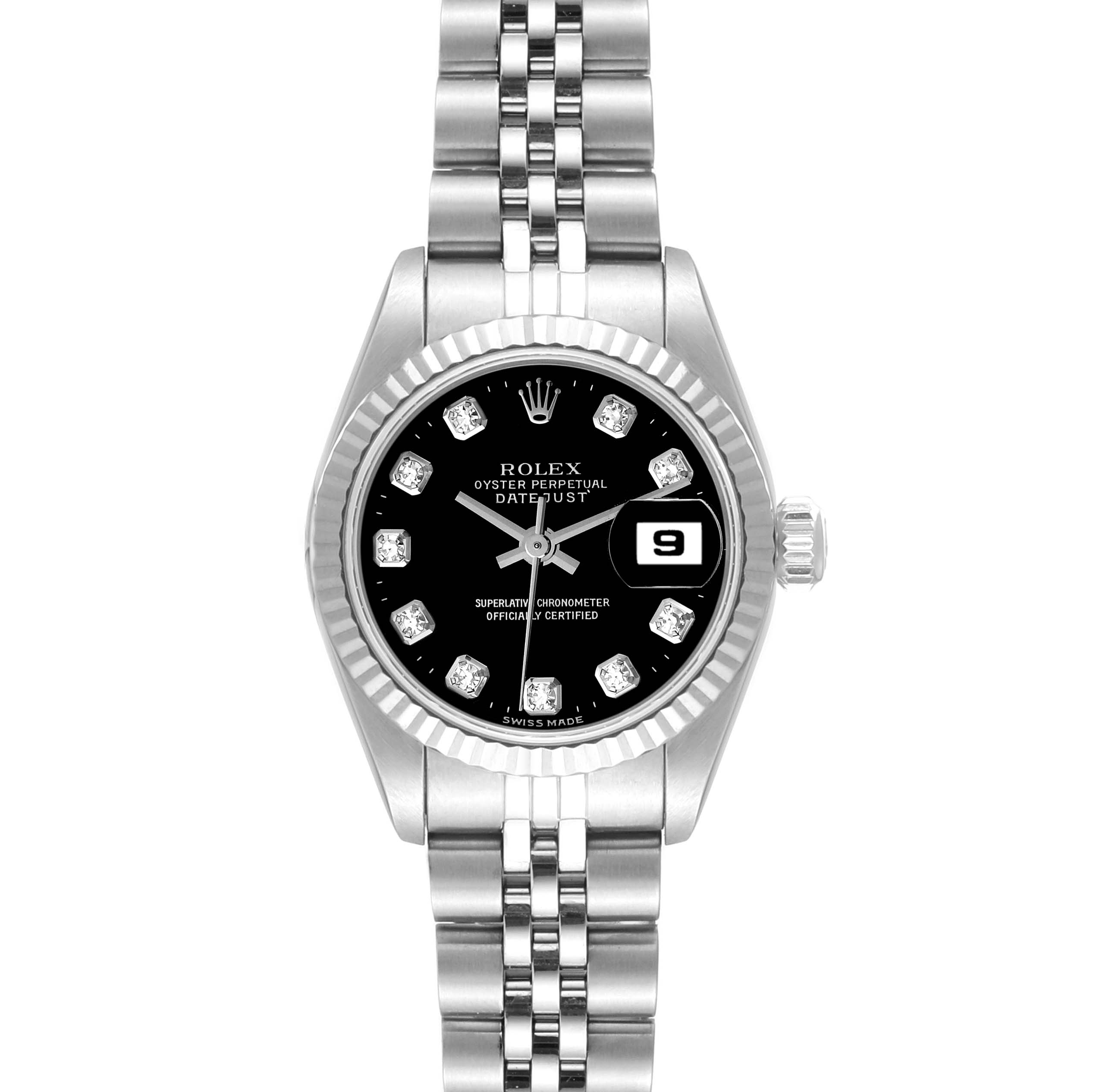 This is a frontal view of a Rolex Datejust 69174 Women's Stainless Steel Black Dial 69174 Women's Stainless Steel Black Dial watch, showing the dial, bezel, bracelet, and date window.