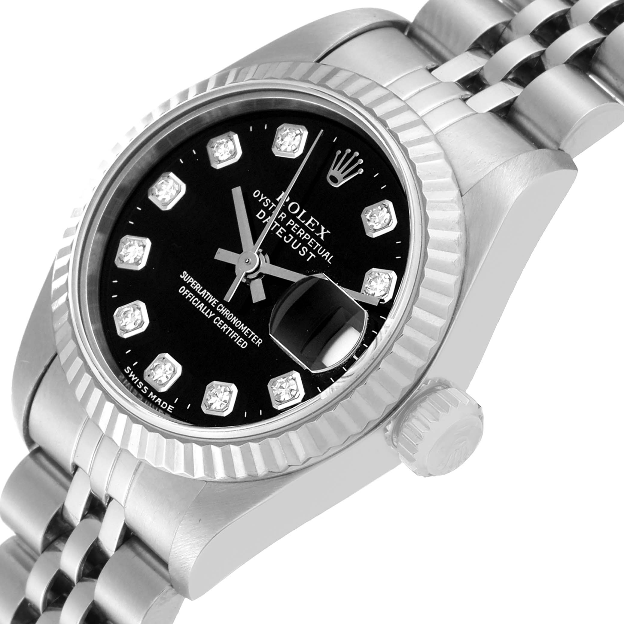 This image shows a close-up of the Rolex Datejust 69174 Women's Stainless Steel Black Dial 69174 Women's Stainless Steel Black Dial watch from an angled side view, highlighting its bezel, crown, and black dial with diamond markers.