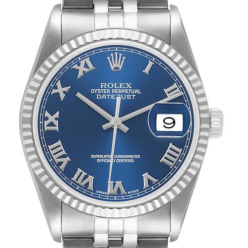 The Rolex Datejust 16234 Men's Stainless Steel Blue Dial watch is shown from a front angle, displaying its blue dial, Roman numerals, and jubilee bracelet.