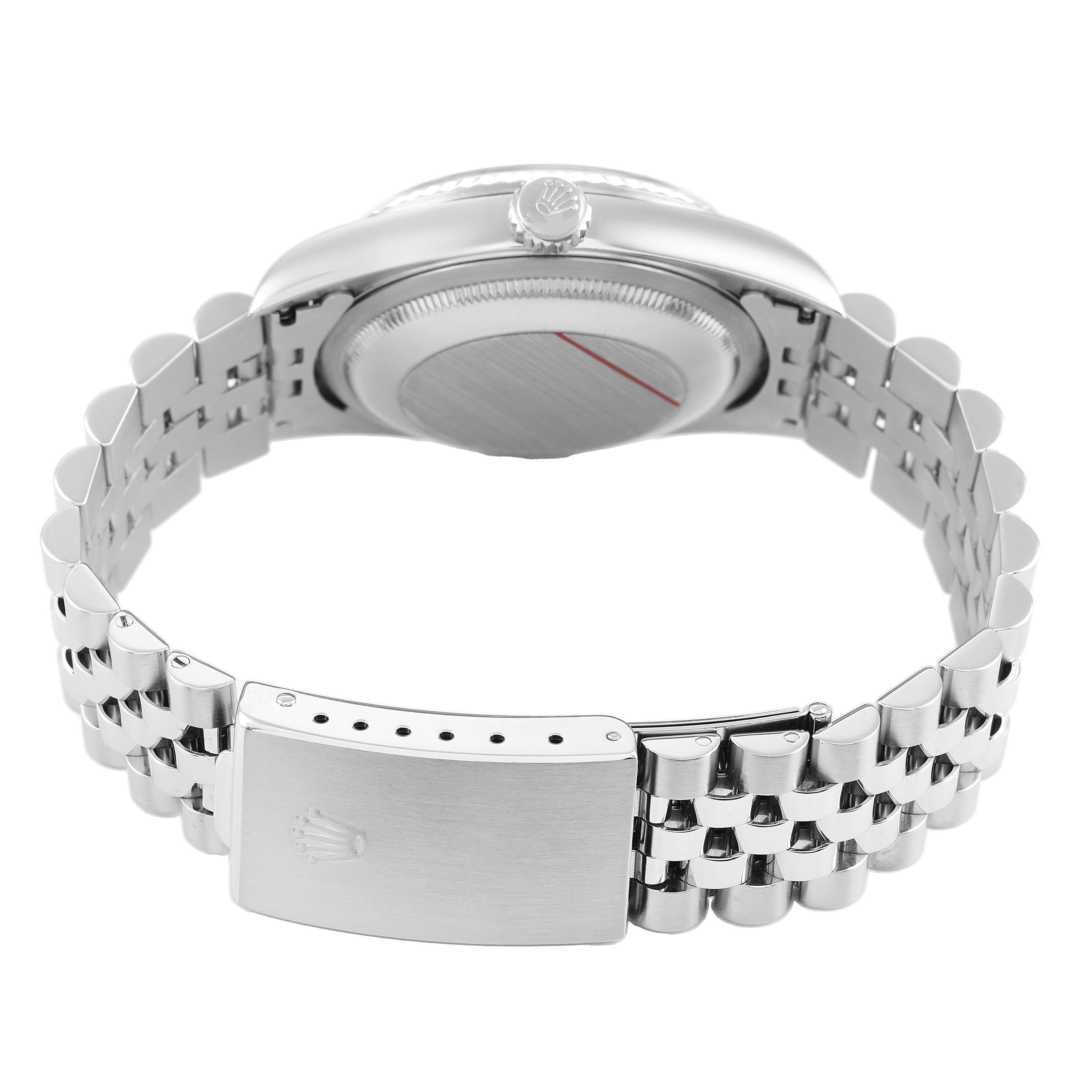 The Rolex Datejust 16234 Men's Stainless Steel Blue Dial watch is shown from the back, highlighting the clasp, bracelet, and case back.