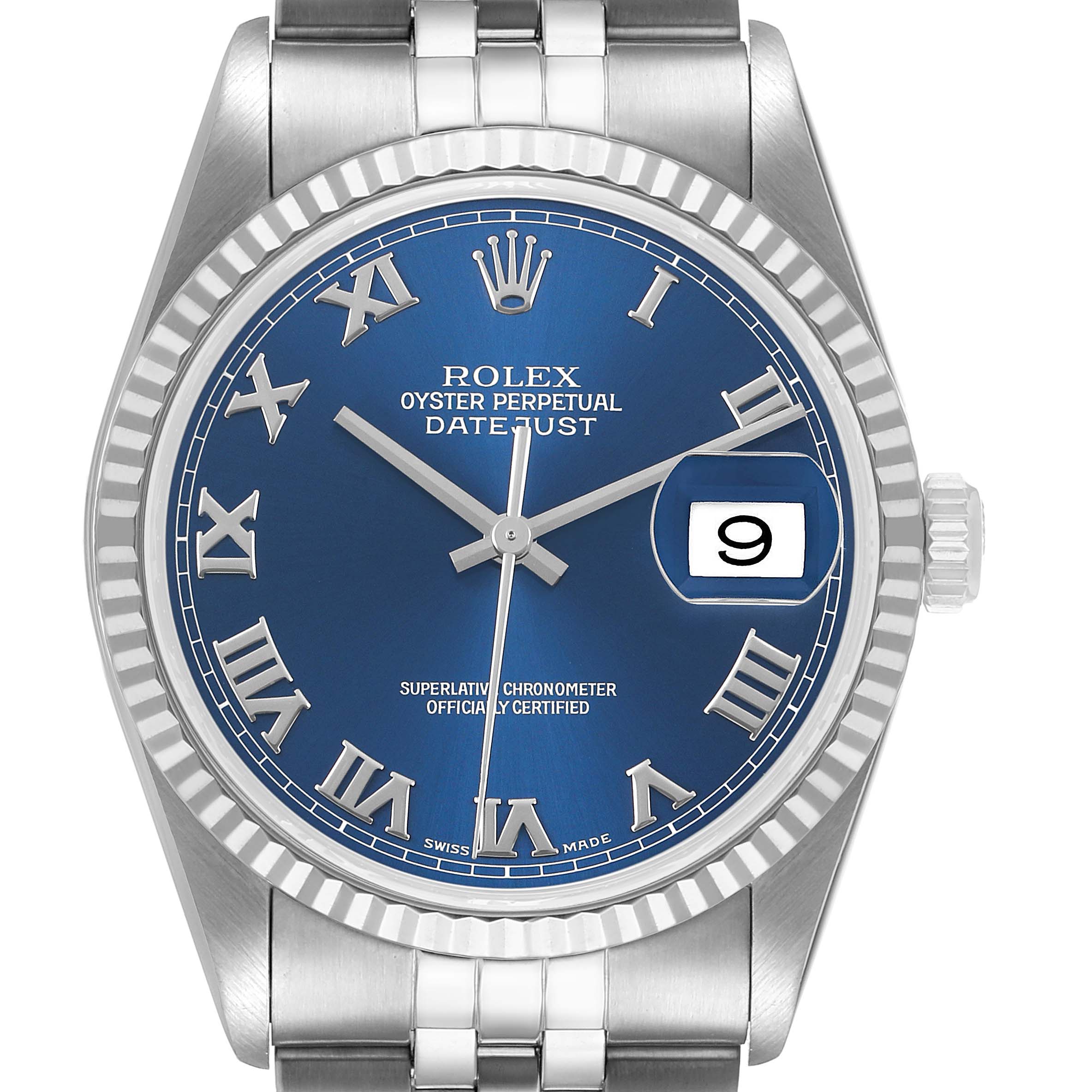 The Rolex Datejust 16234 Men's Stainless Steel Blue Dial watch is shown from a front angle, highlighting the dial, Roman numerals, bezel, and part of the bracelet.